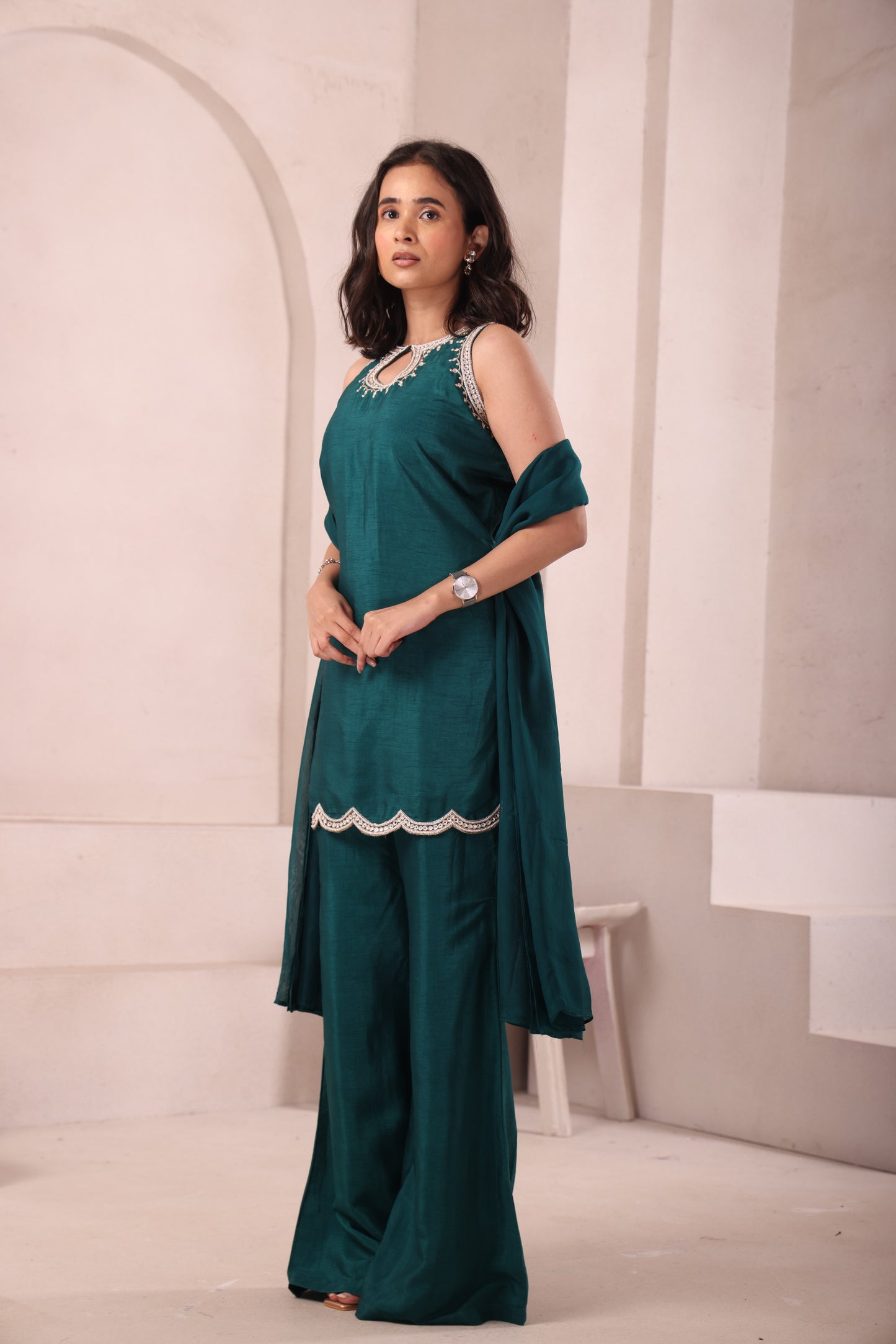 Emerald Green Hand Embroidered Halter Neck Set