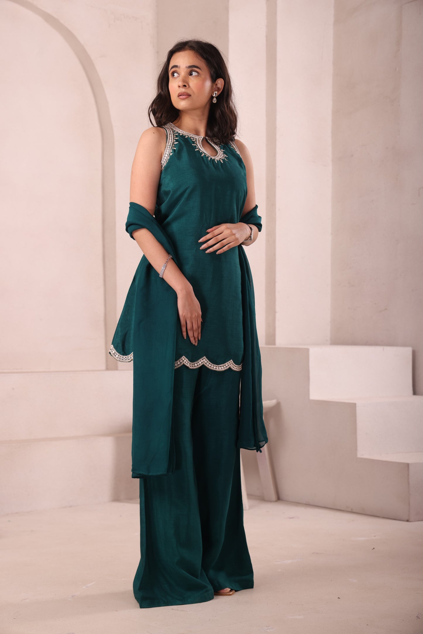 Emerald Green Hand Embroidered Halter Neck Set