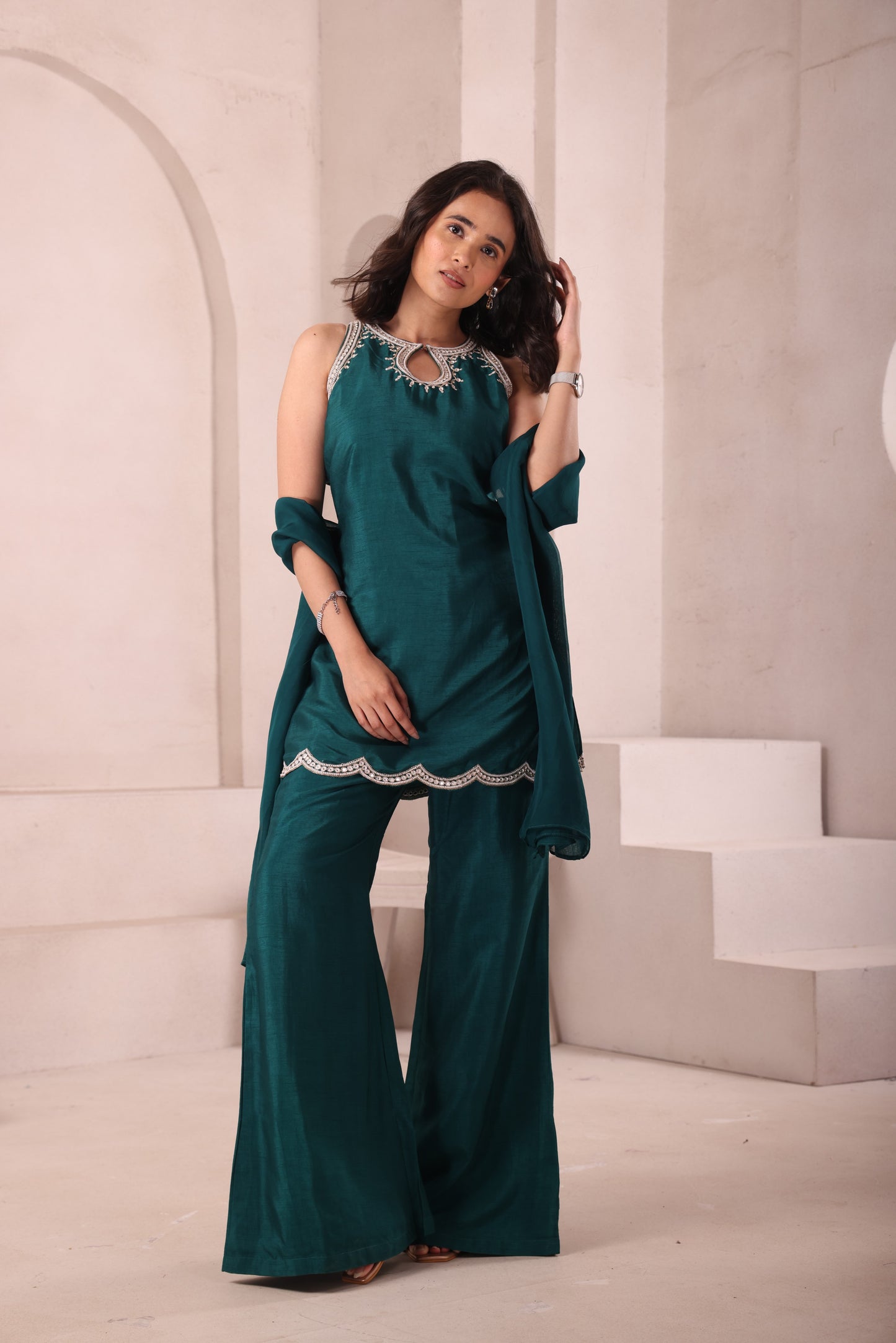 Emerald Green Hand Embroidered Halter Neck Set