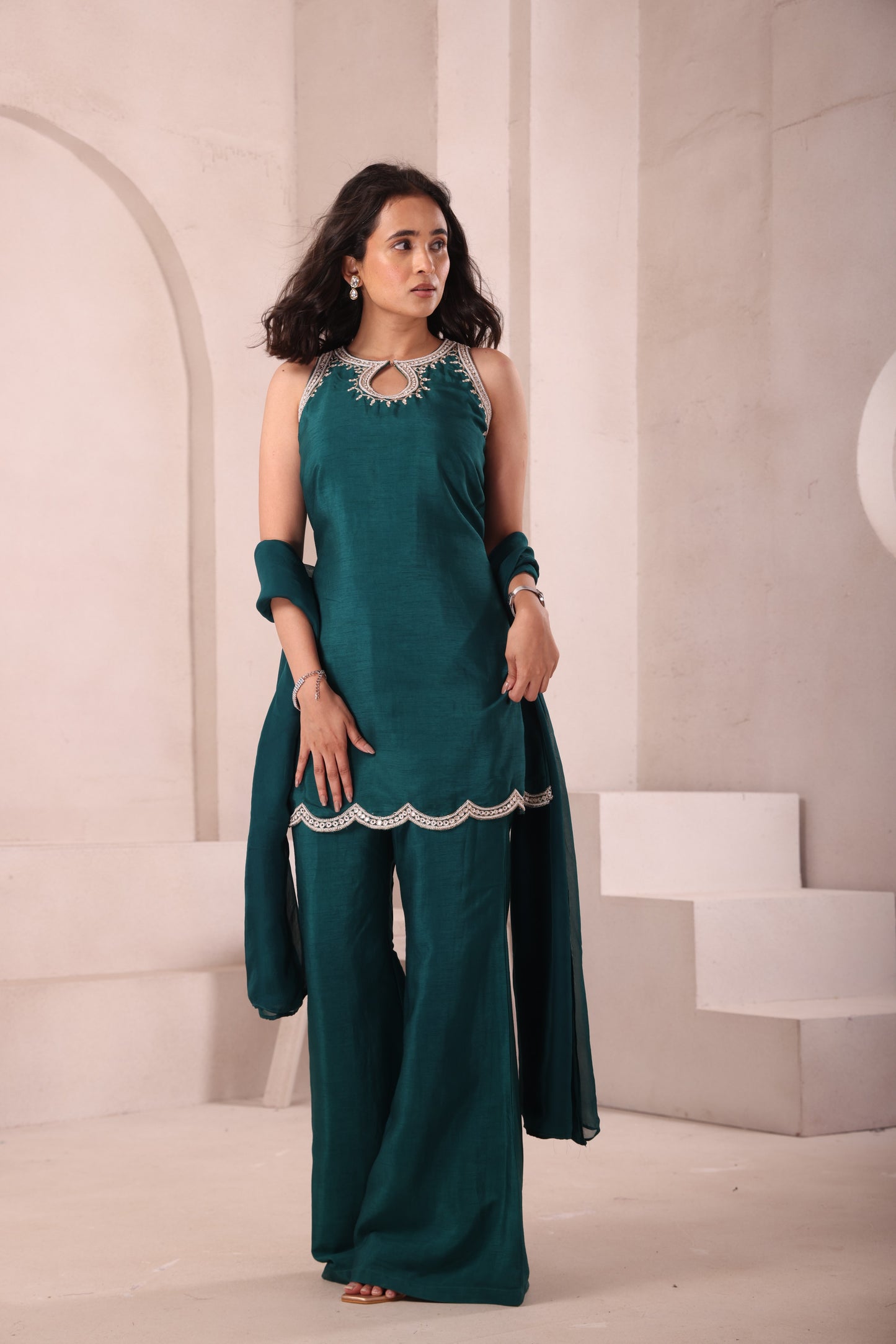 Emerald Green Hand Embroidered Halter Neck Set