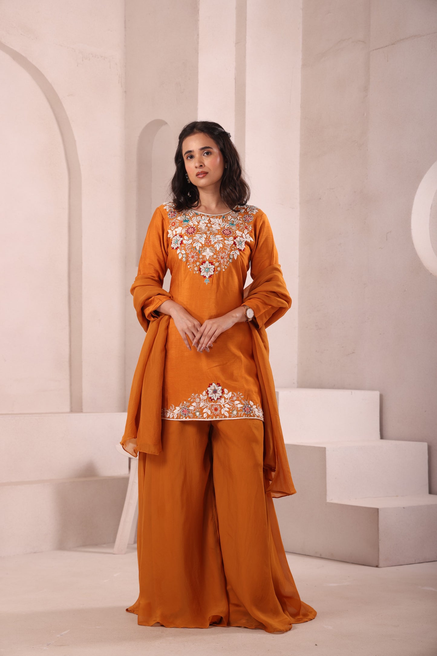 Rust Hand Embroidered Sharara Set