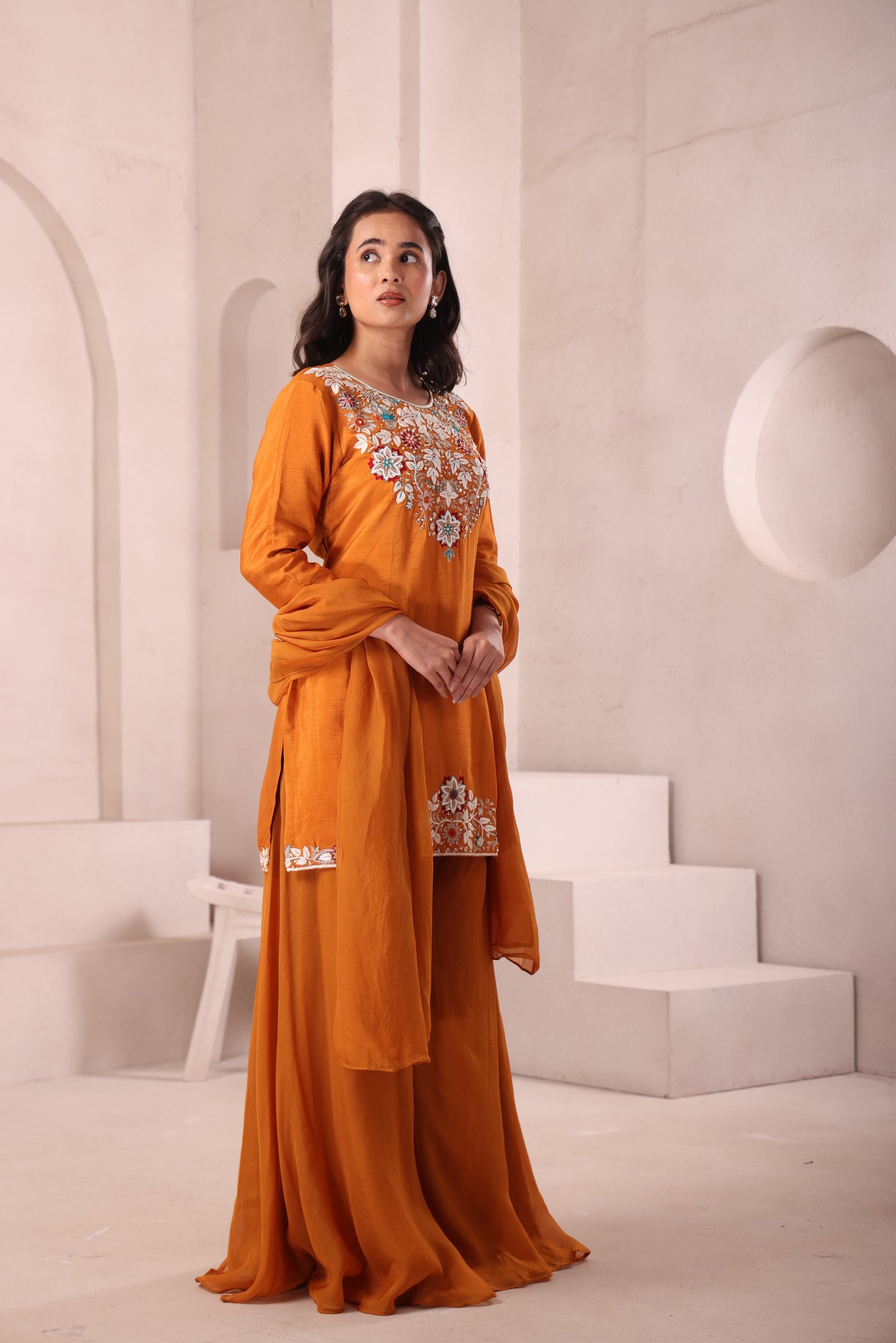 Rust Hand Embroidered Sharara Set