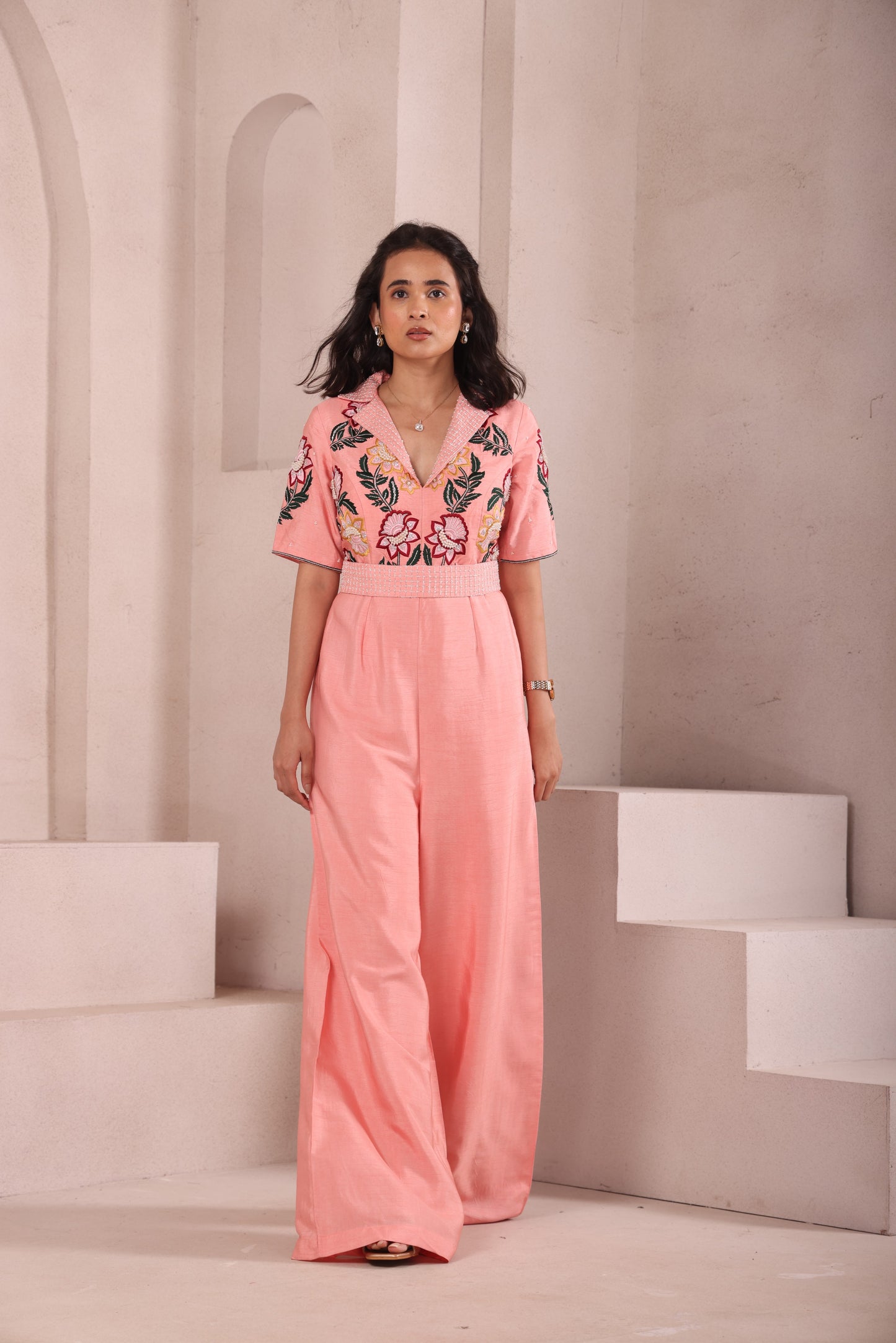 Peach Embroidered Collared Jumpsuit