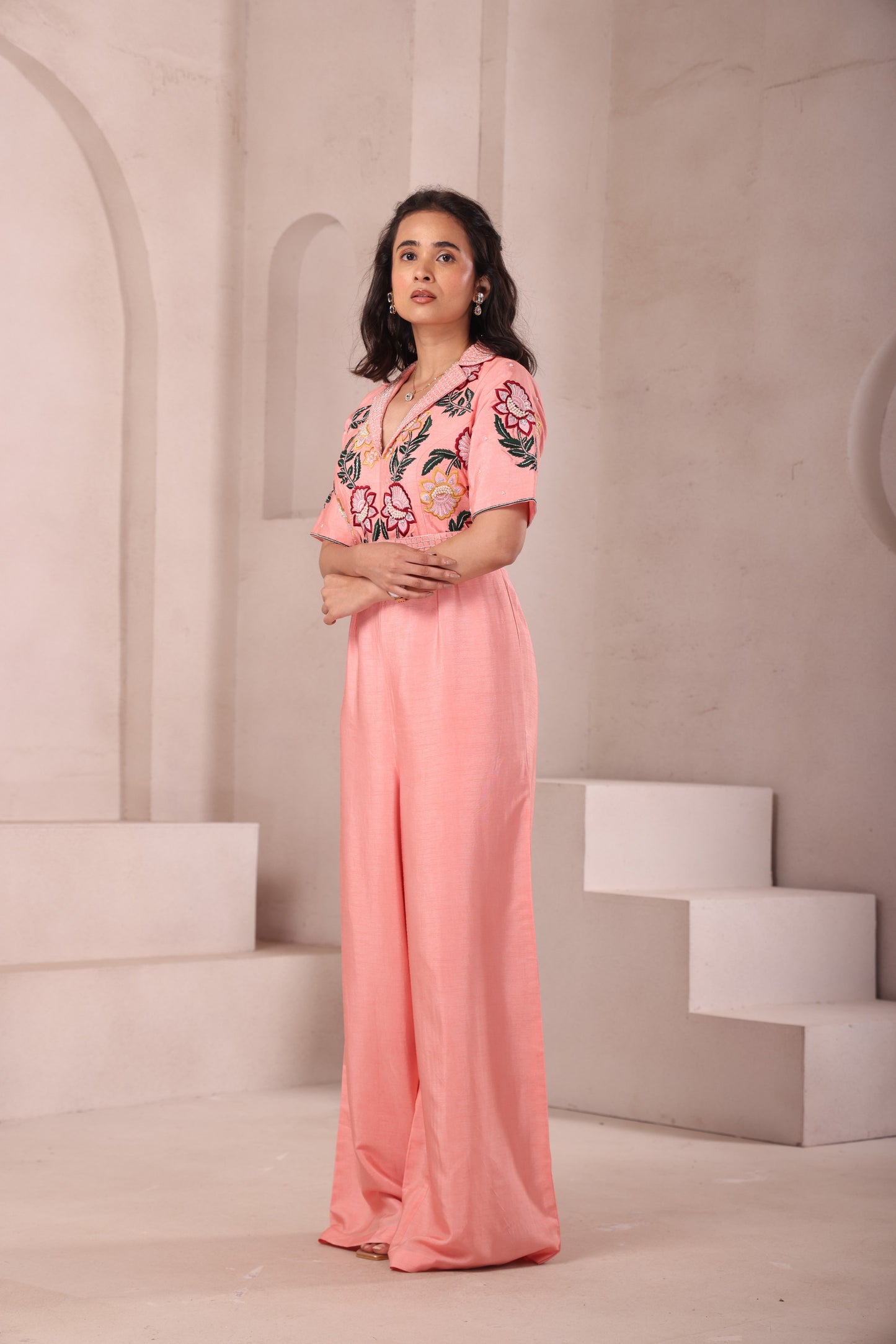 Peach Embroidered Collared Jumpsuit