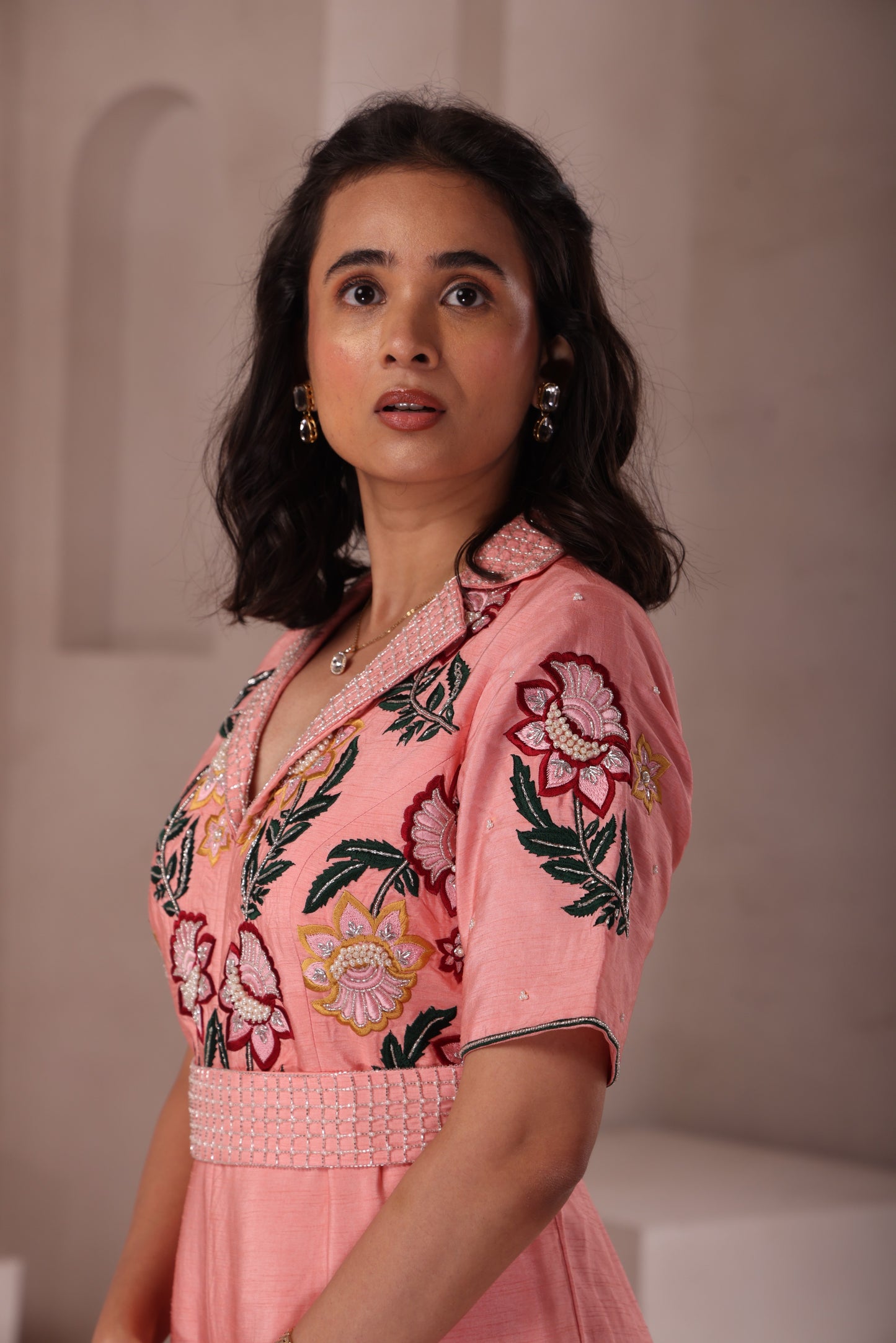Peach Embroidered Collared Jumpsuit