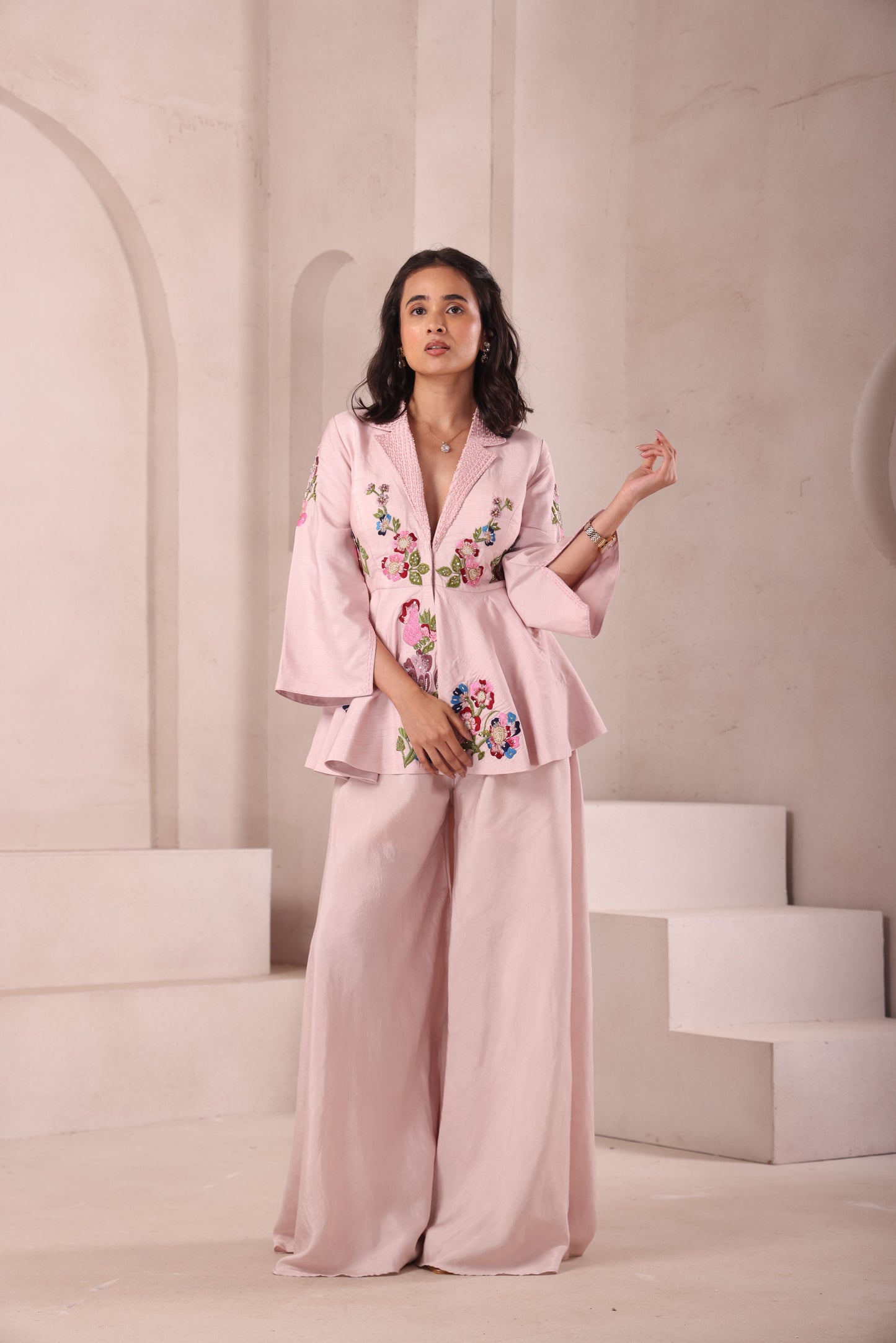 Baby Pink Embroidered Collared Peplum Top Set