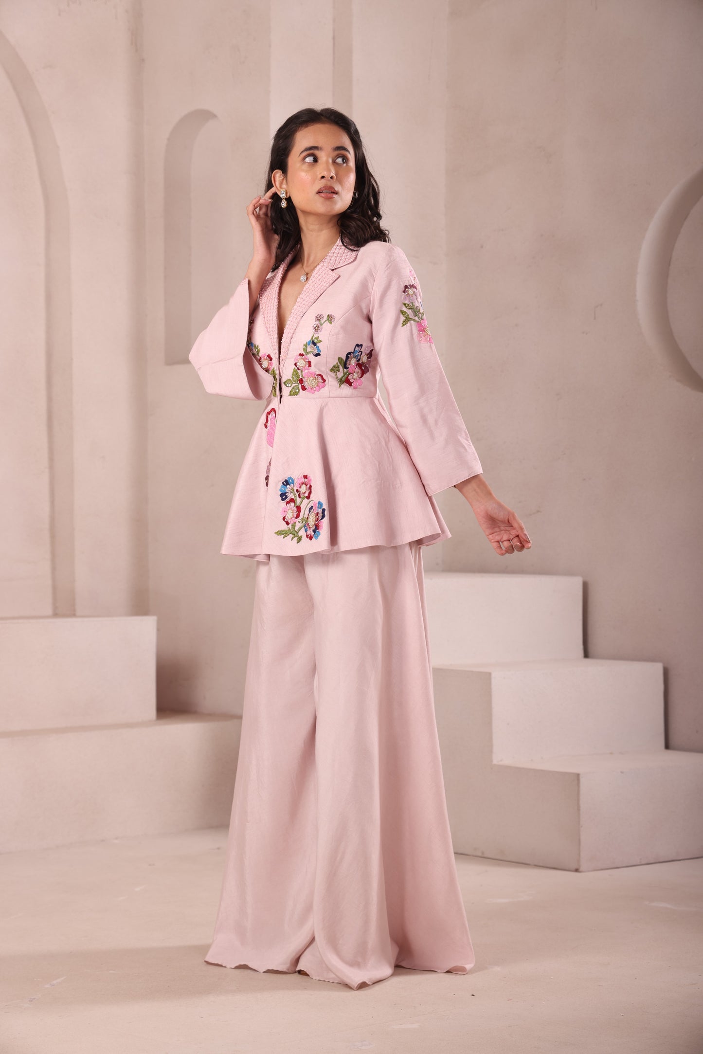 Baby Pink Embroidered Collared Peplum Top Set