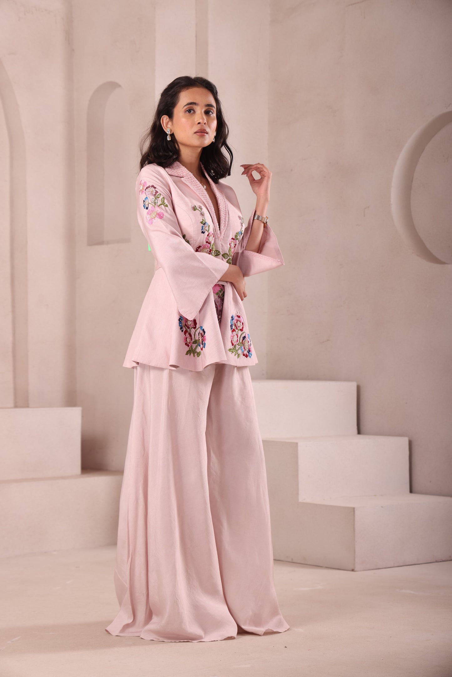 Baby Pink Embroidered Collared Peplum Top Set