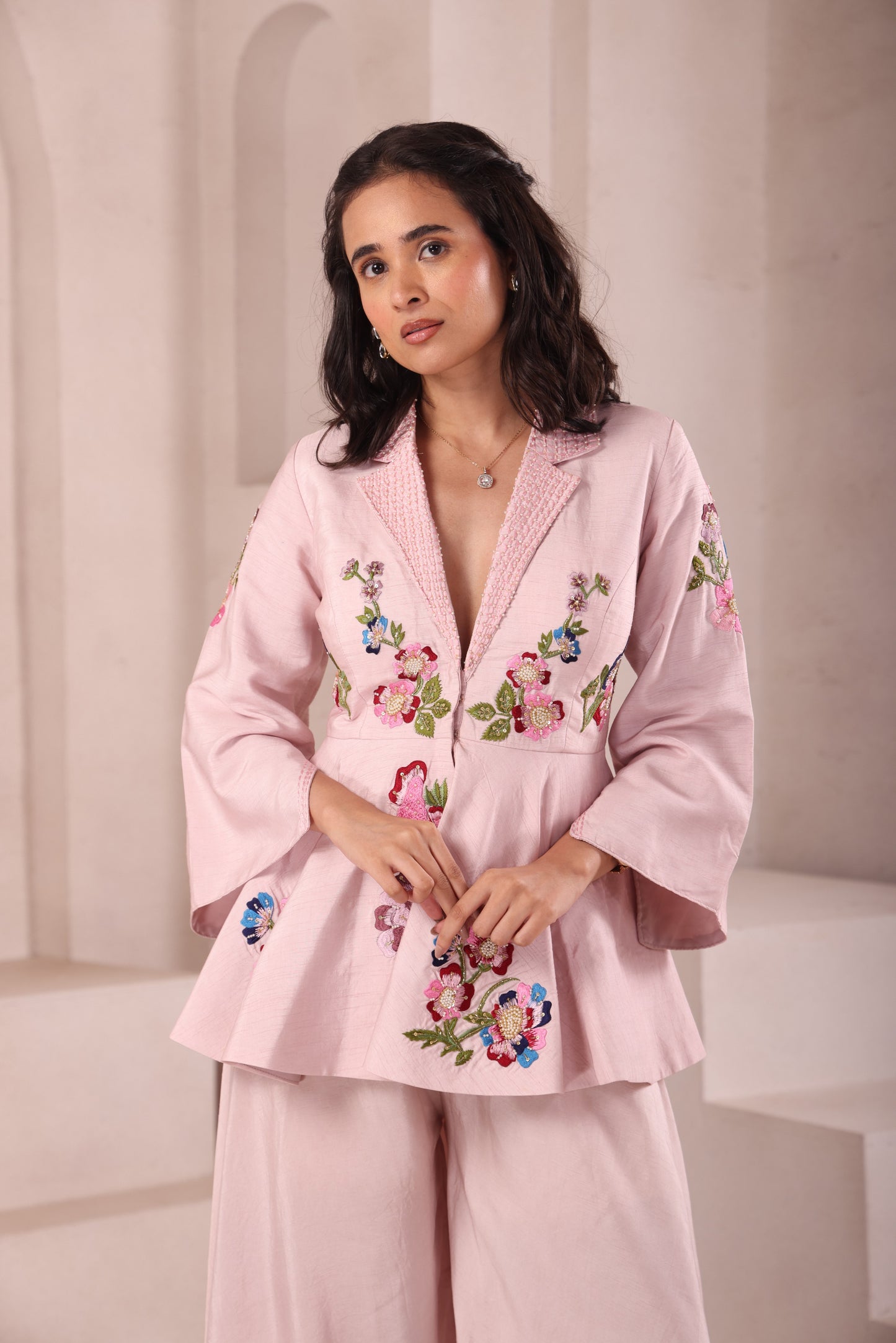 Baby Pink Embroidered Collared Peplum Top Set