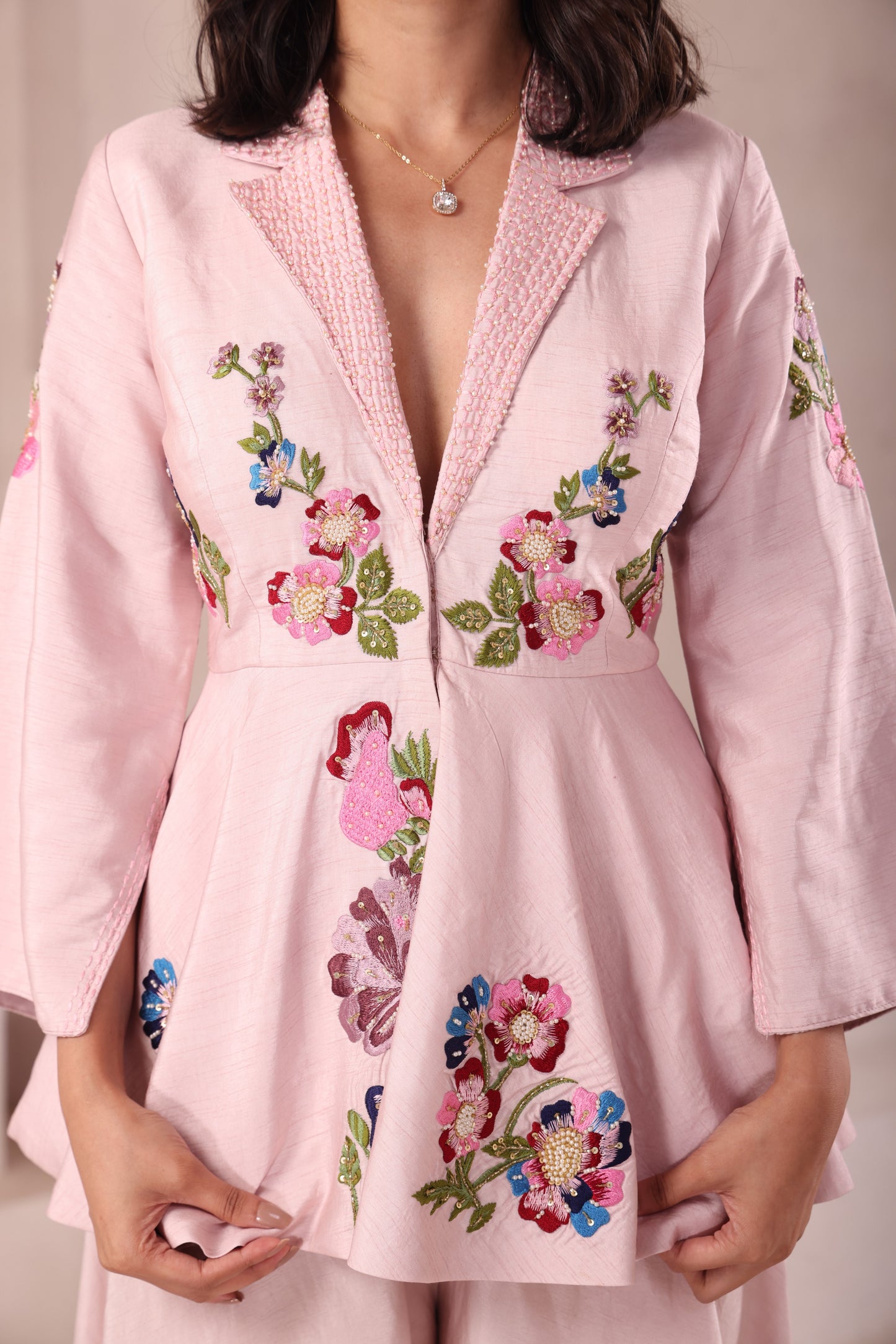 Baby Pink Embroidered Collared Peplum Top Set