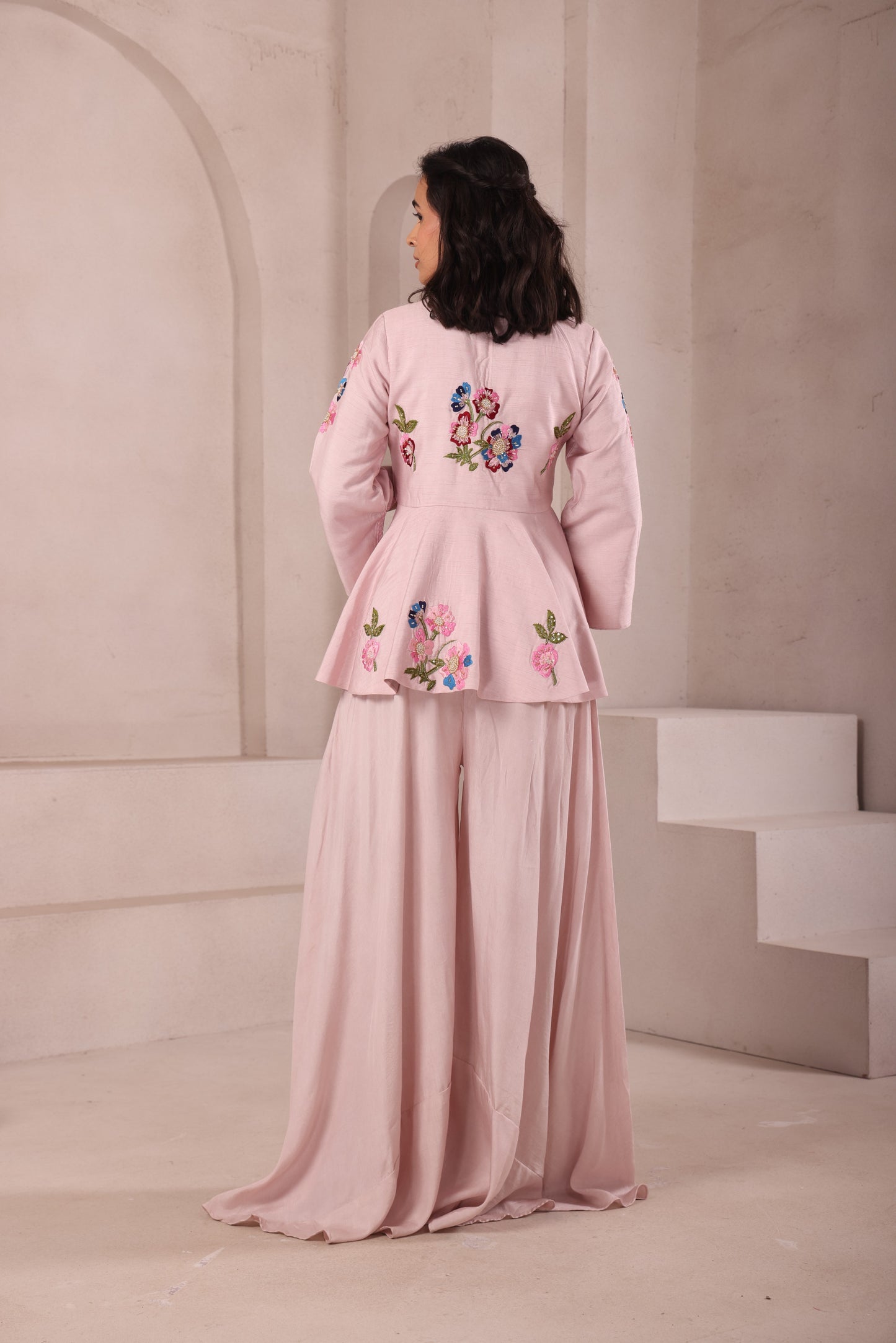 Baby Pink Embroidered Collared Peplum Top Set