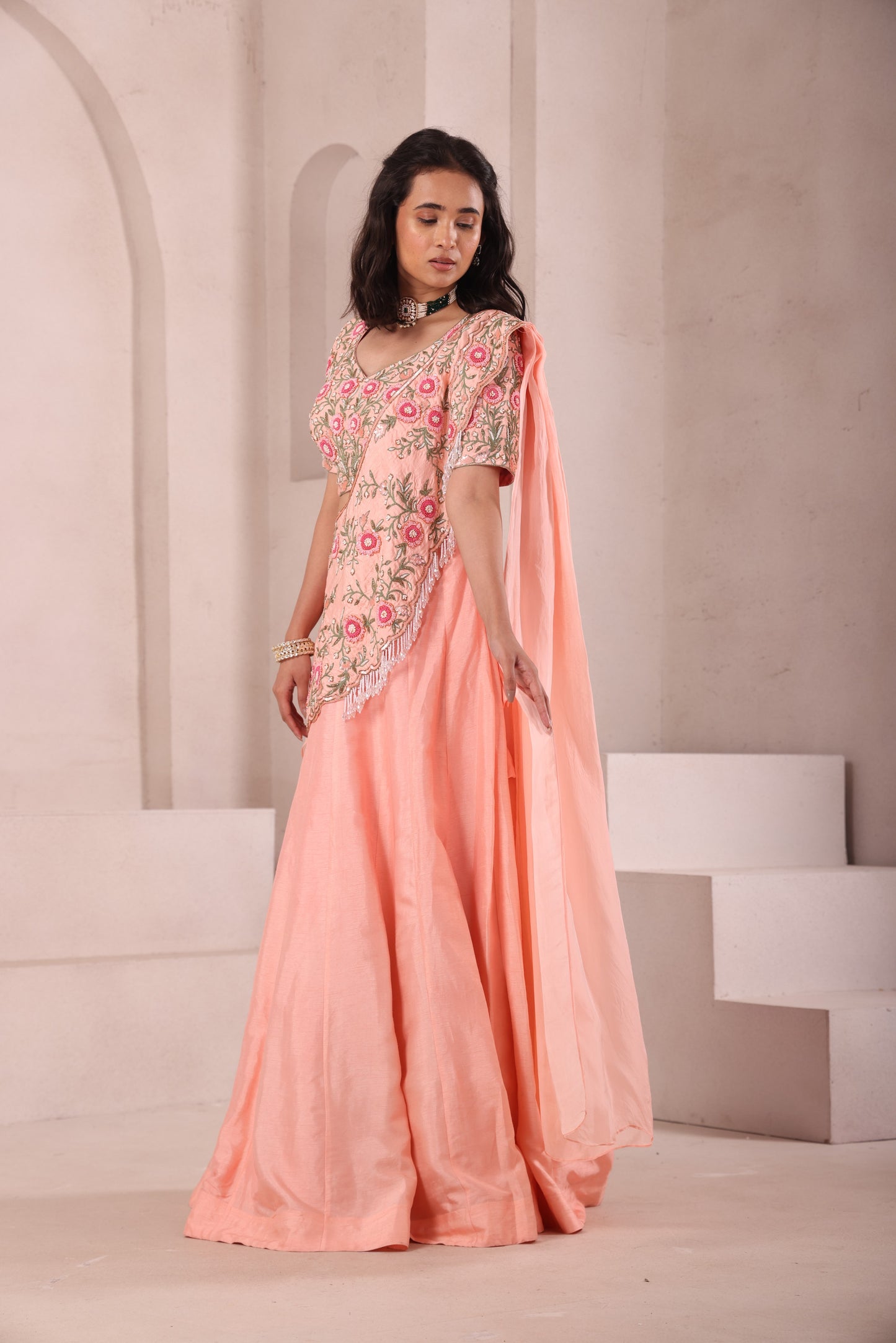 Peach Hand Embroidered Lehenga Choli