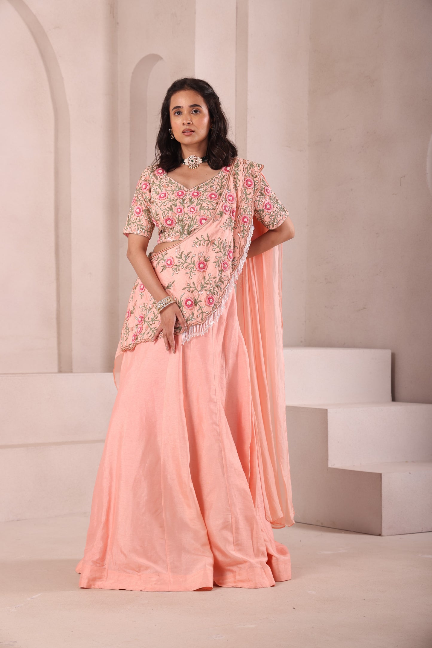 Peach Hand Embroidered Lehenga Choli