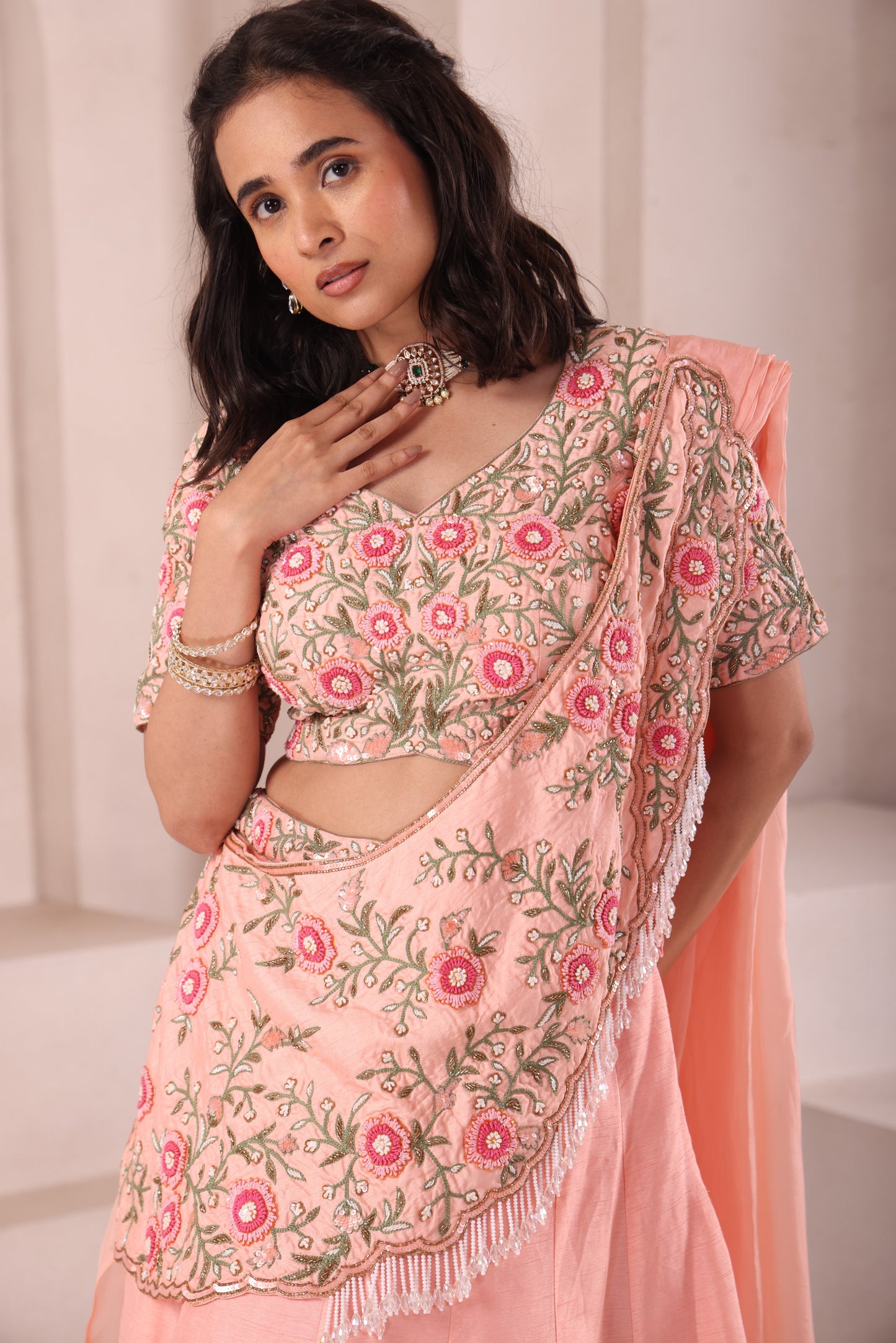 Peach Hand Embroidered Lehenga Choli