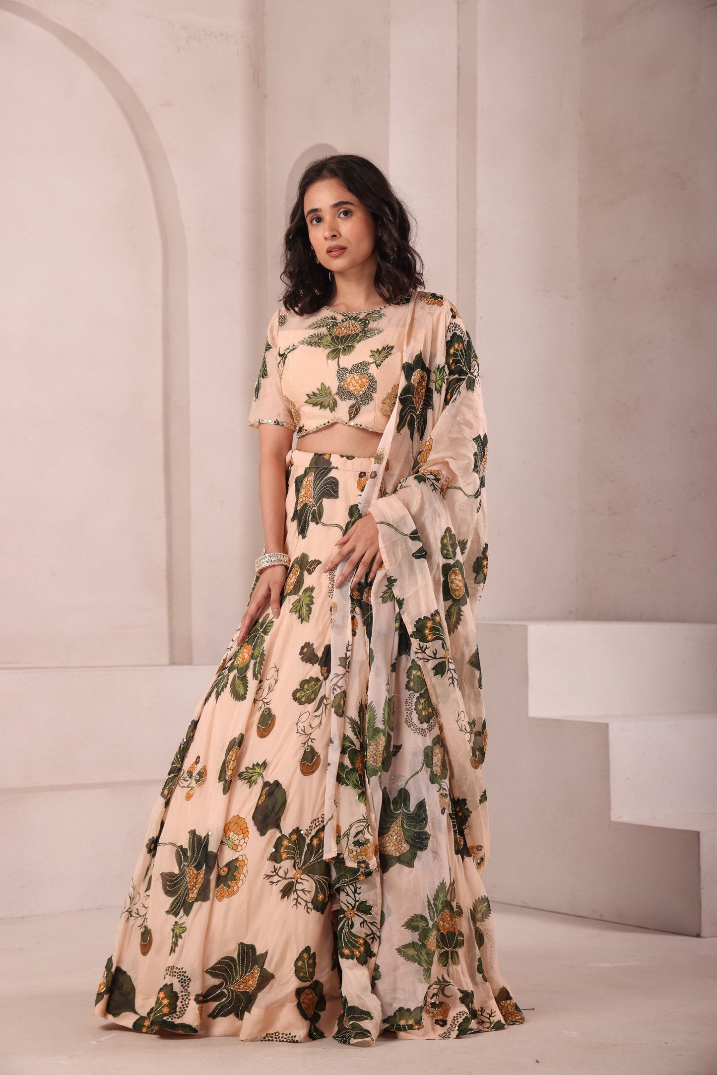 Leaf Printed Hand Embroidered Lehenga Set