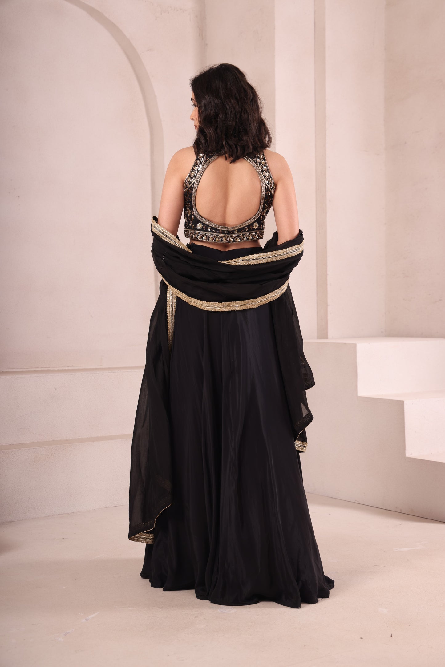 Black Halter Neck Hand Embroidered Lehenga Choli