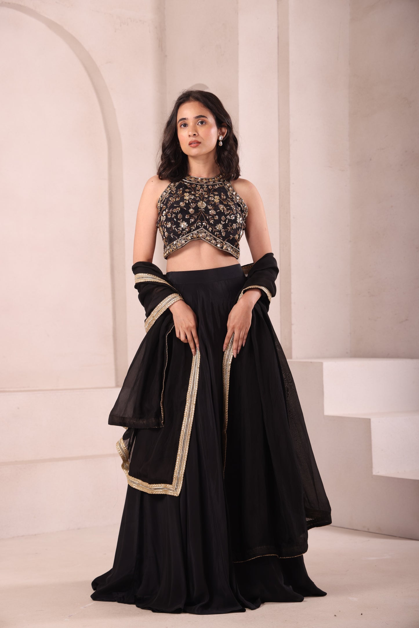 Black Halter Neck Hand Embroidered Lehenga Choli
