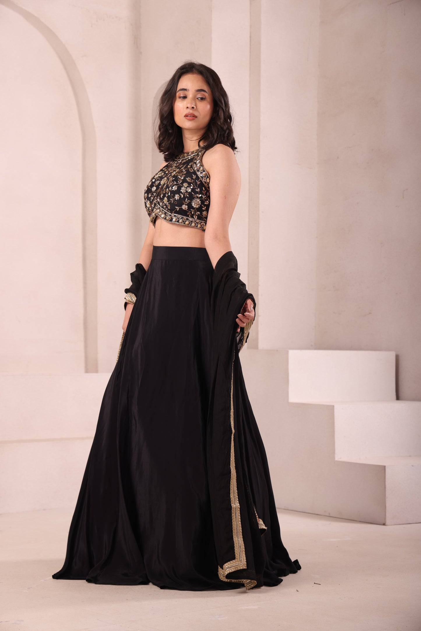 Black Halter Neck Hand Embroidered Lehenga Choli