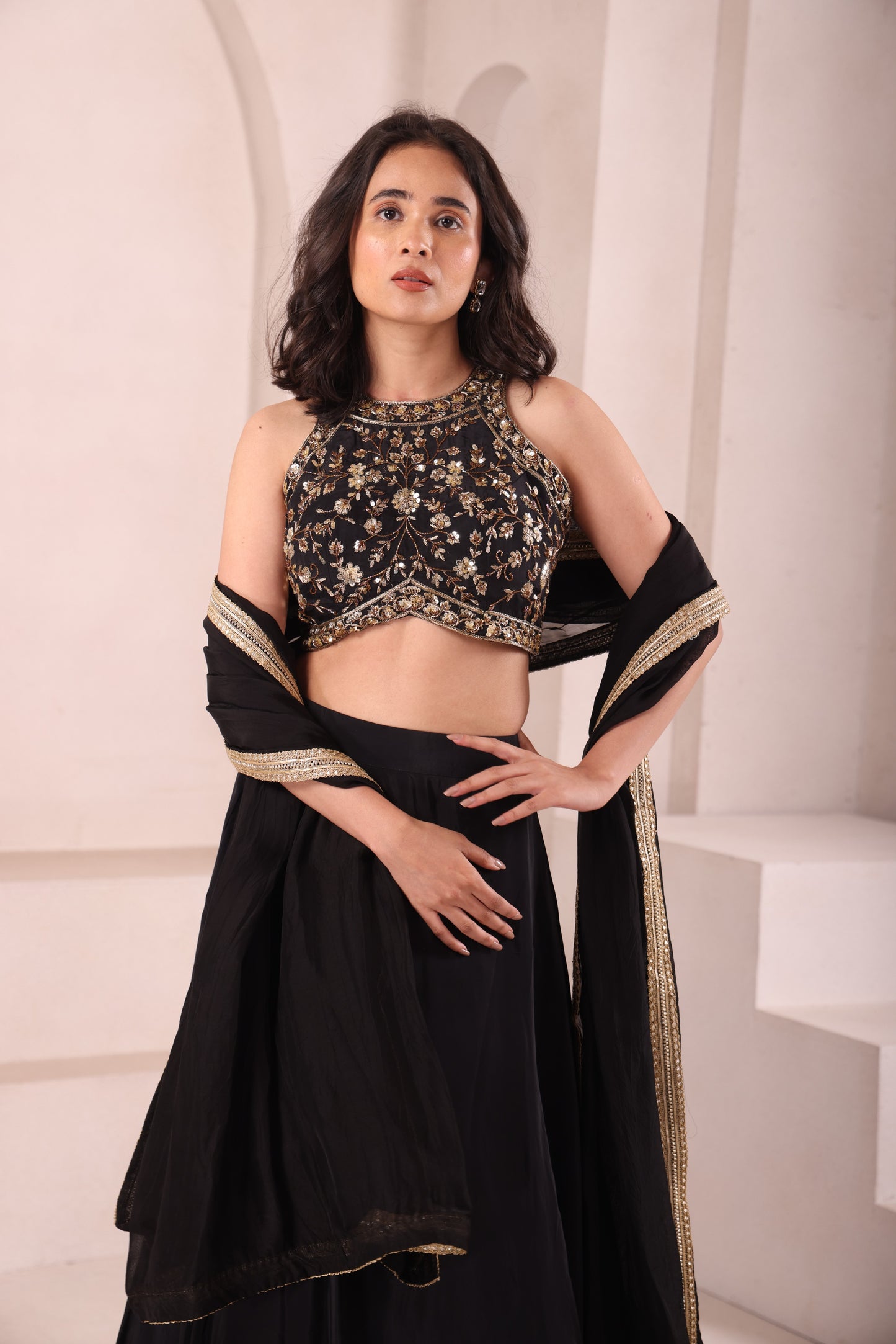 Black Halter Neck Hand Embroidered Lehenga Choli