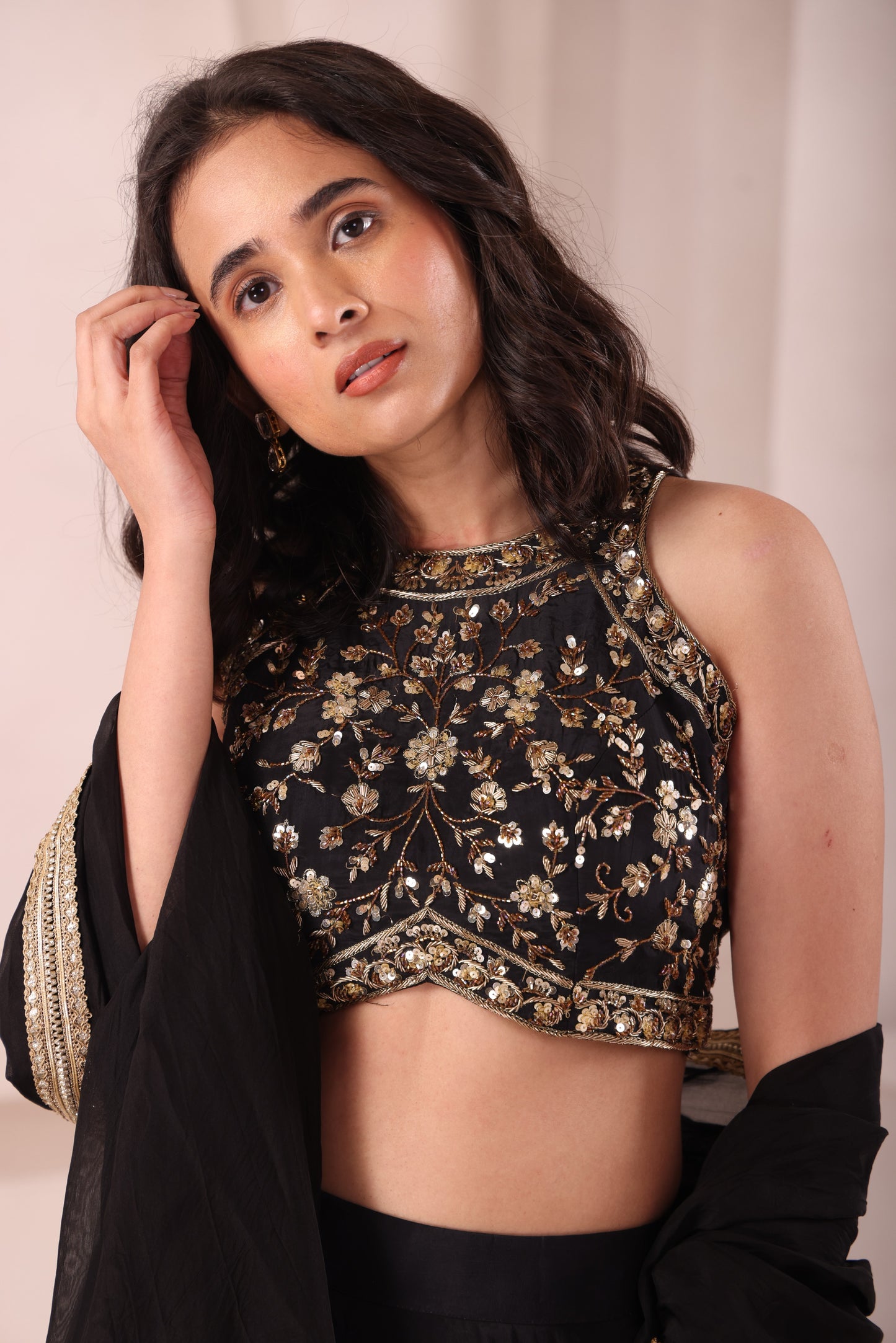 Black Halter Neck Hand Embroidered Lehenga Choli