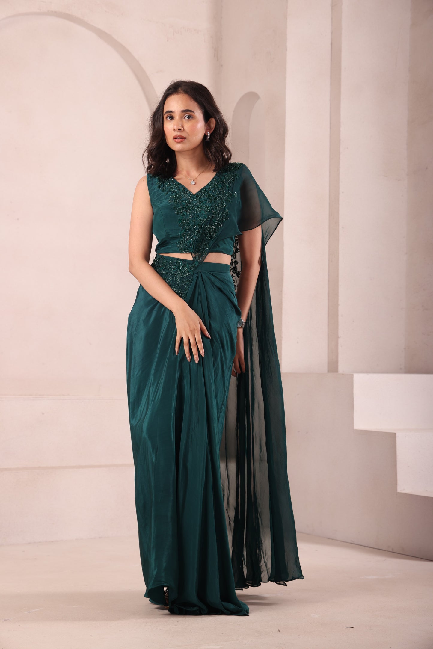 Emerald Green Pre Drape Hand Embroidered Saree