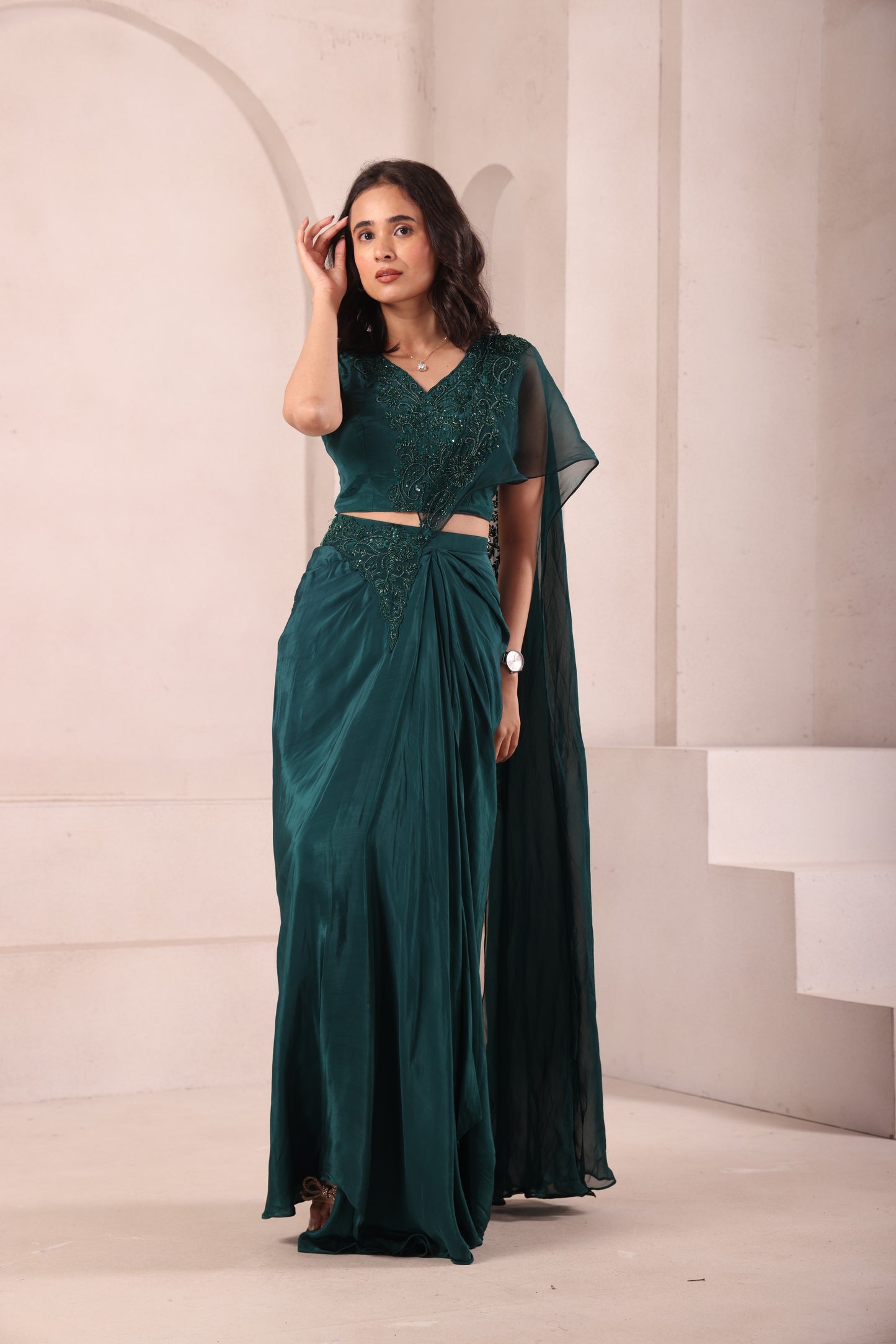 Emerald Green Pre Drape Hand Embroidered Saree