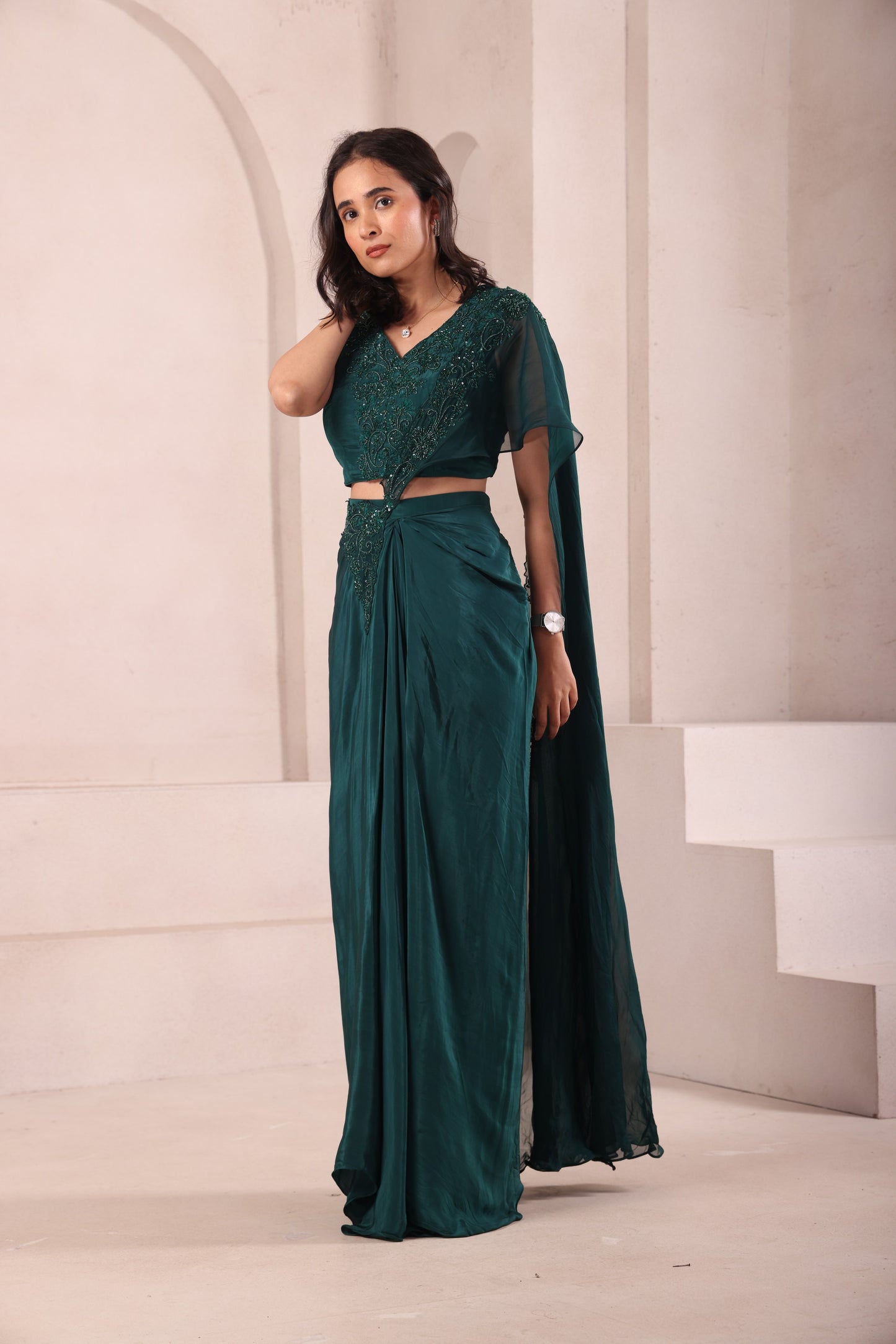 Emerald Green Pre Drape Hand Embroidered Saree