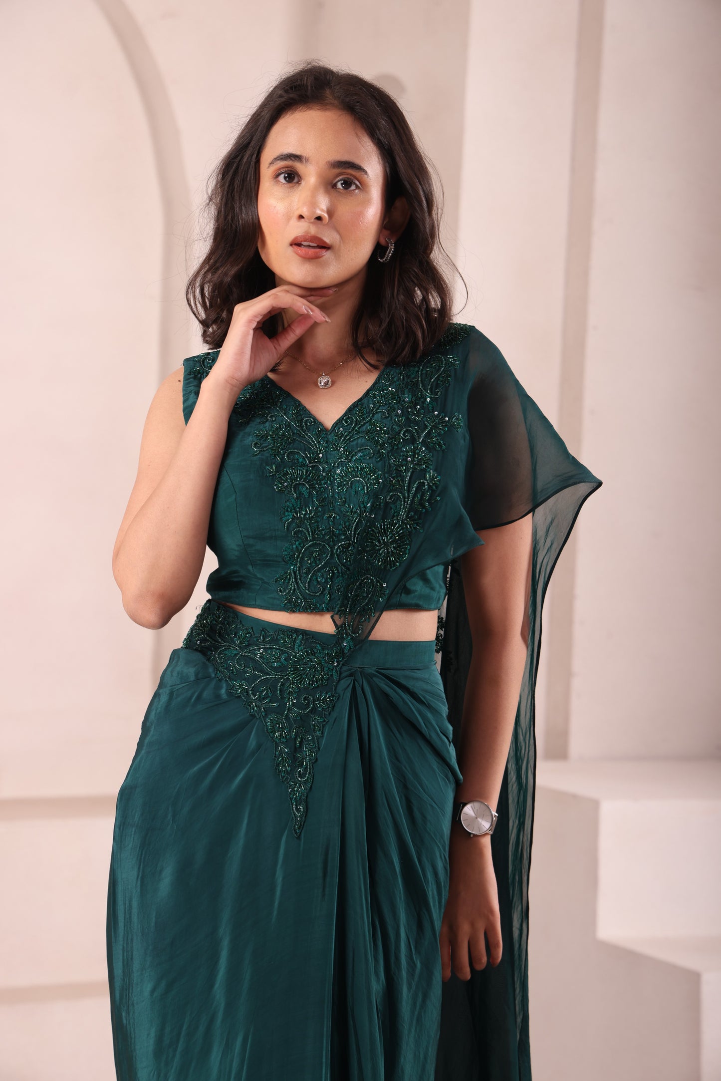 Emerald Green Pre Drape Hand Embroidered Saree