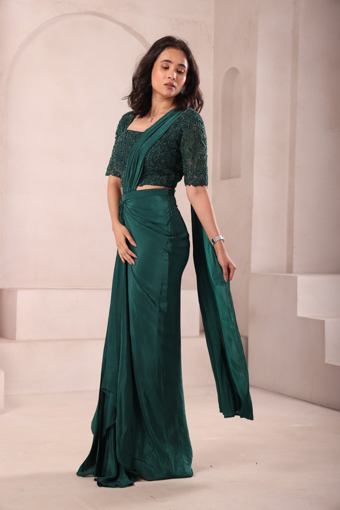 Emerald Green Pre Drape Hand Embroidered Saree with Sleeves