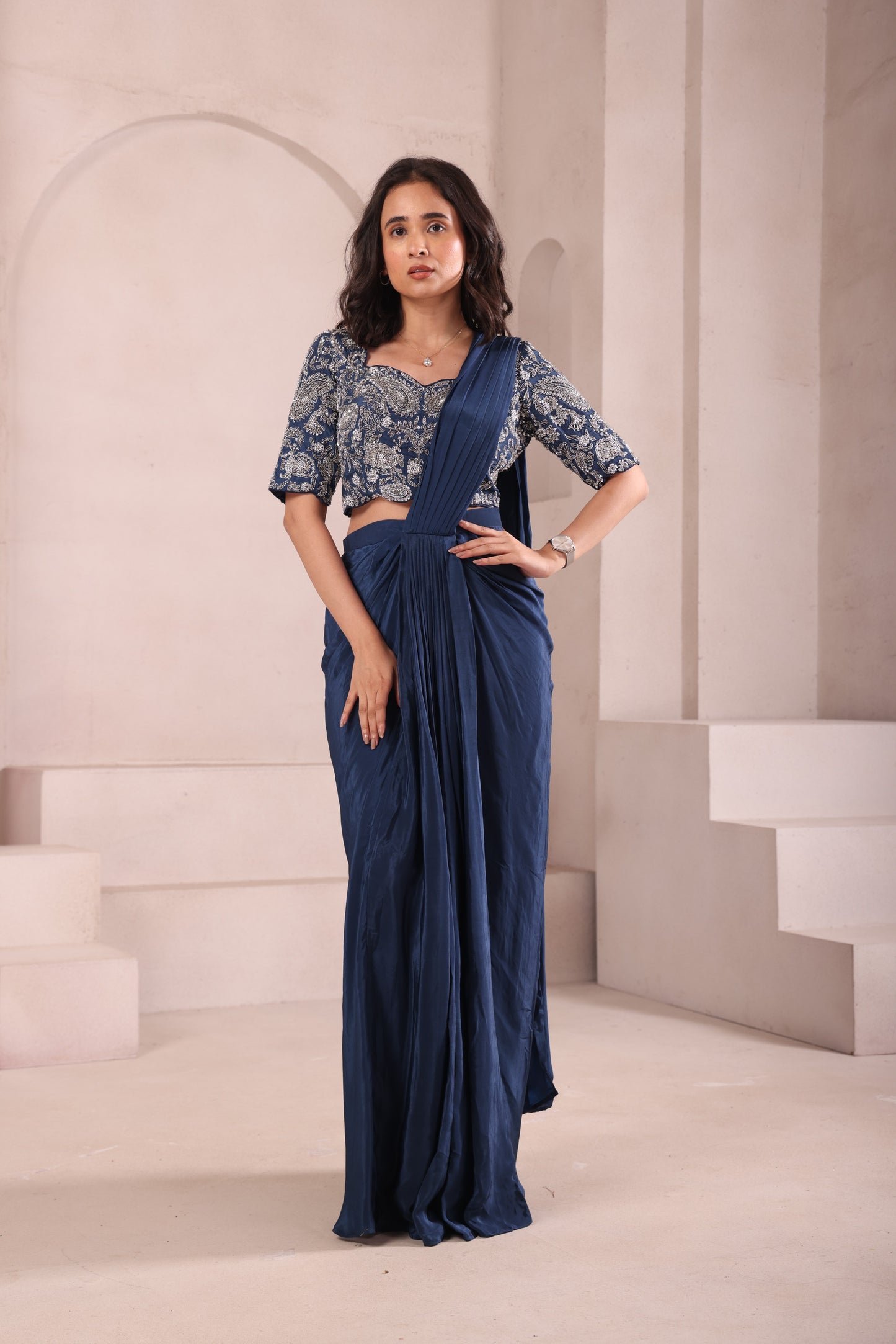 Navy Blue Pre Drape Hand Embroidered Saree
