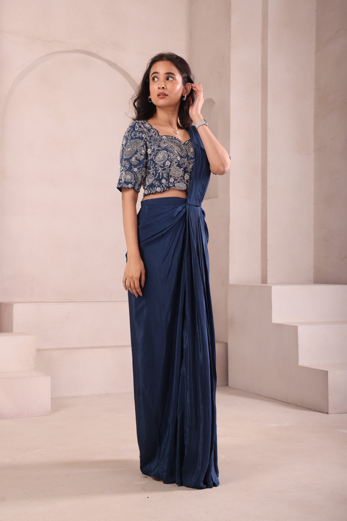 Navy Blue Pre Drape Hand Embroidered Saree