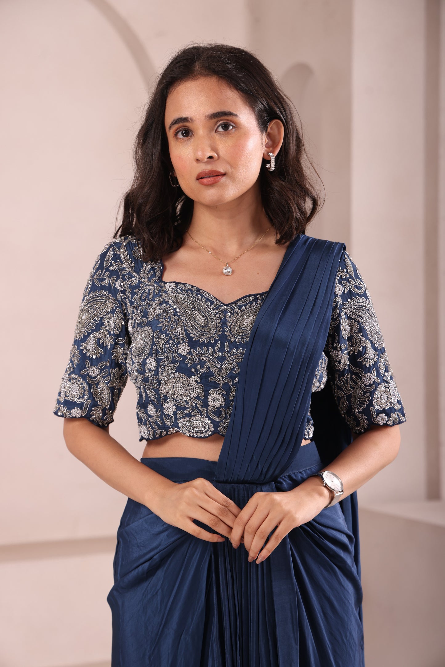 Navy Blue Pre Drape Hand Embroidered Saree