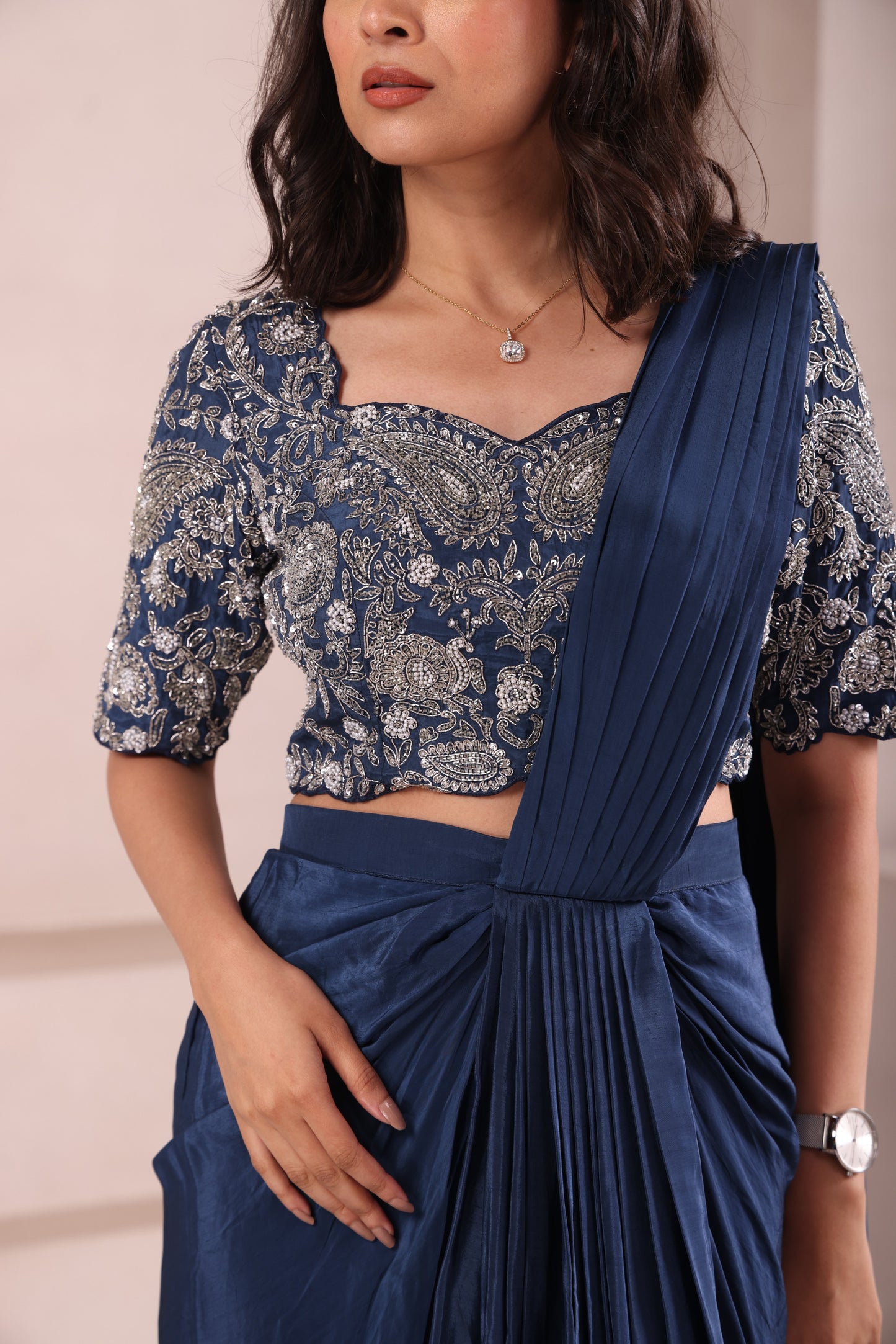 Navy Blue Pre Drape Hand Embroidered Saree