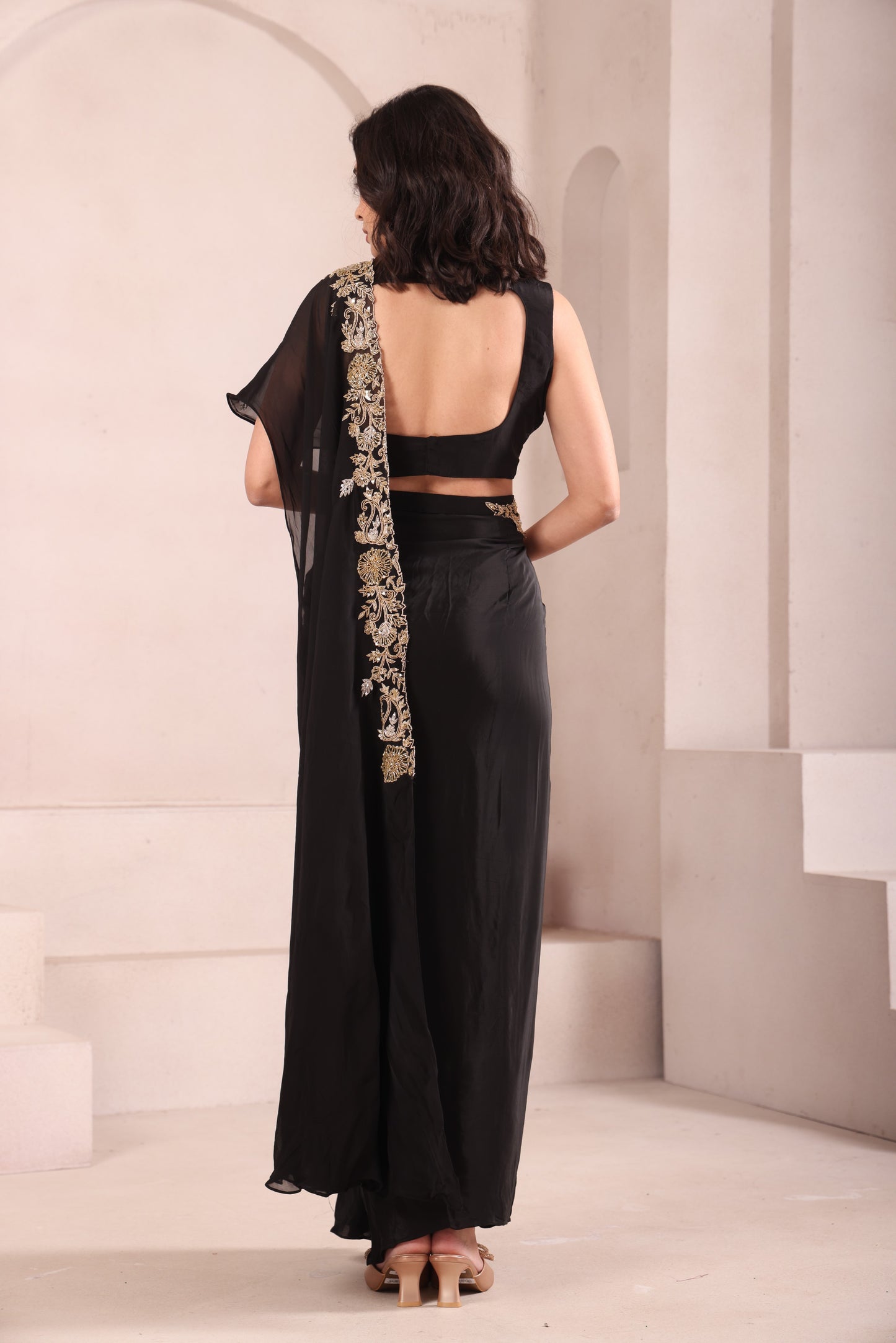 Black Hand Embroidered Pre Drapes Saree