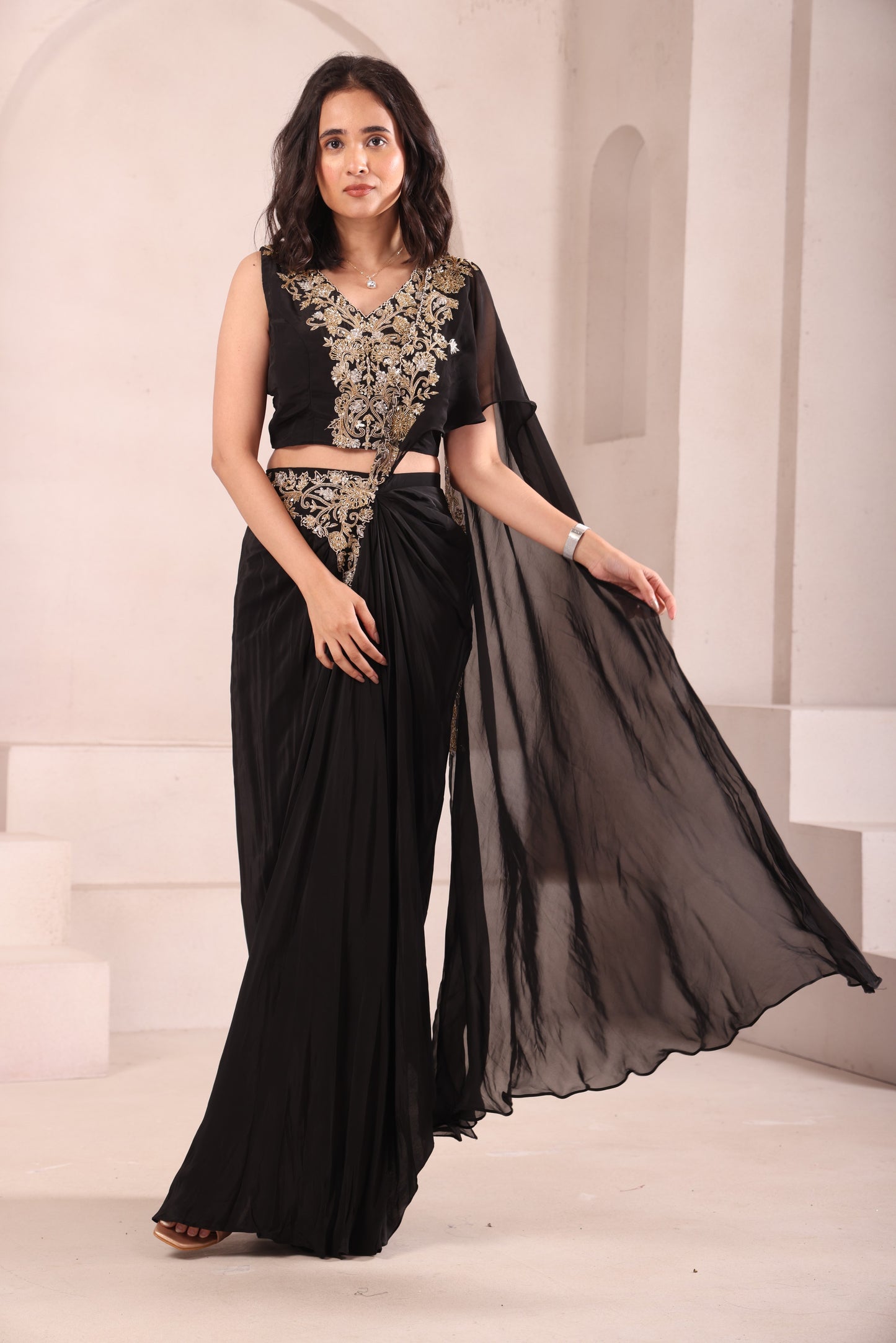 Black Hand Embroidered Pre Drapes Saree