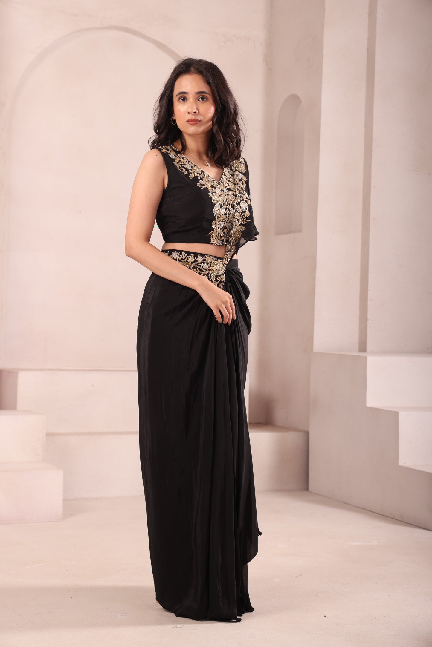 Black Hand Embroidered Pre Drapes Saree