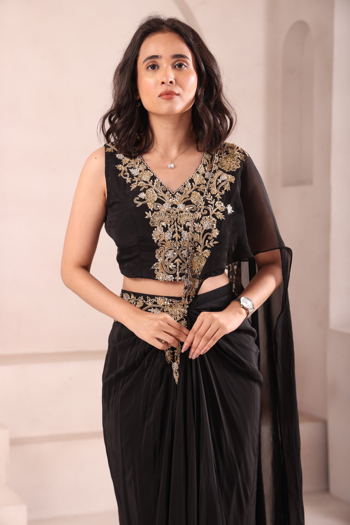 Black Hand Embroidered Pre Drapes Saree