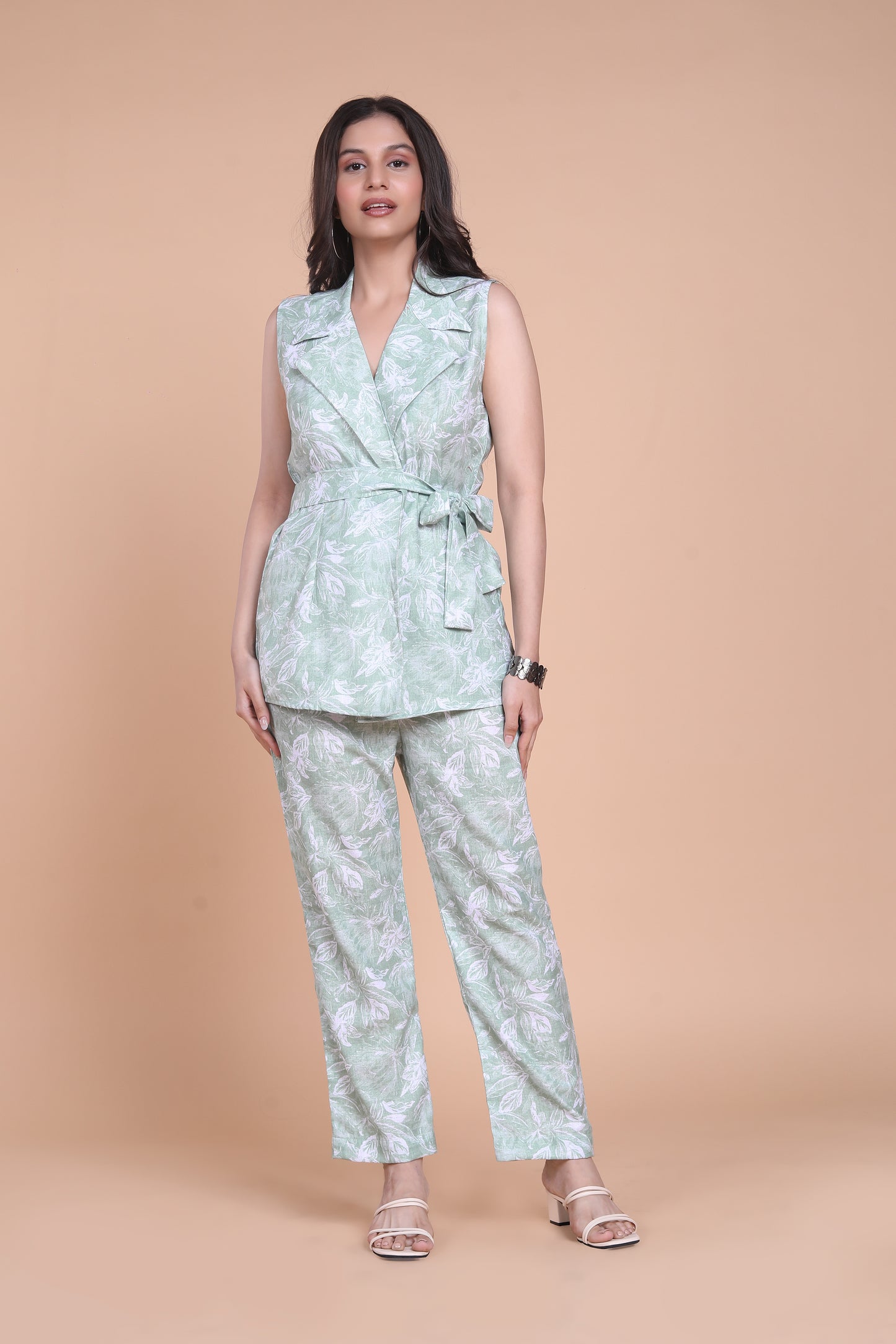 Linen Green Floral Blazer Set
