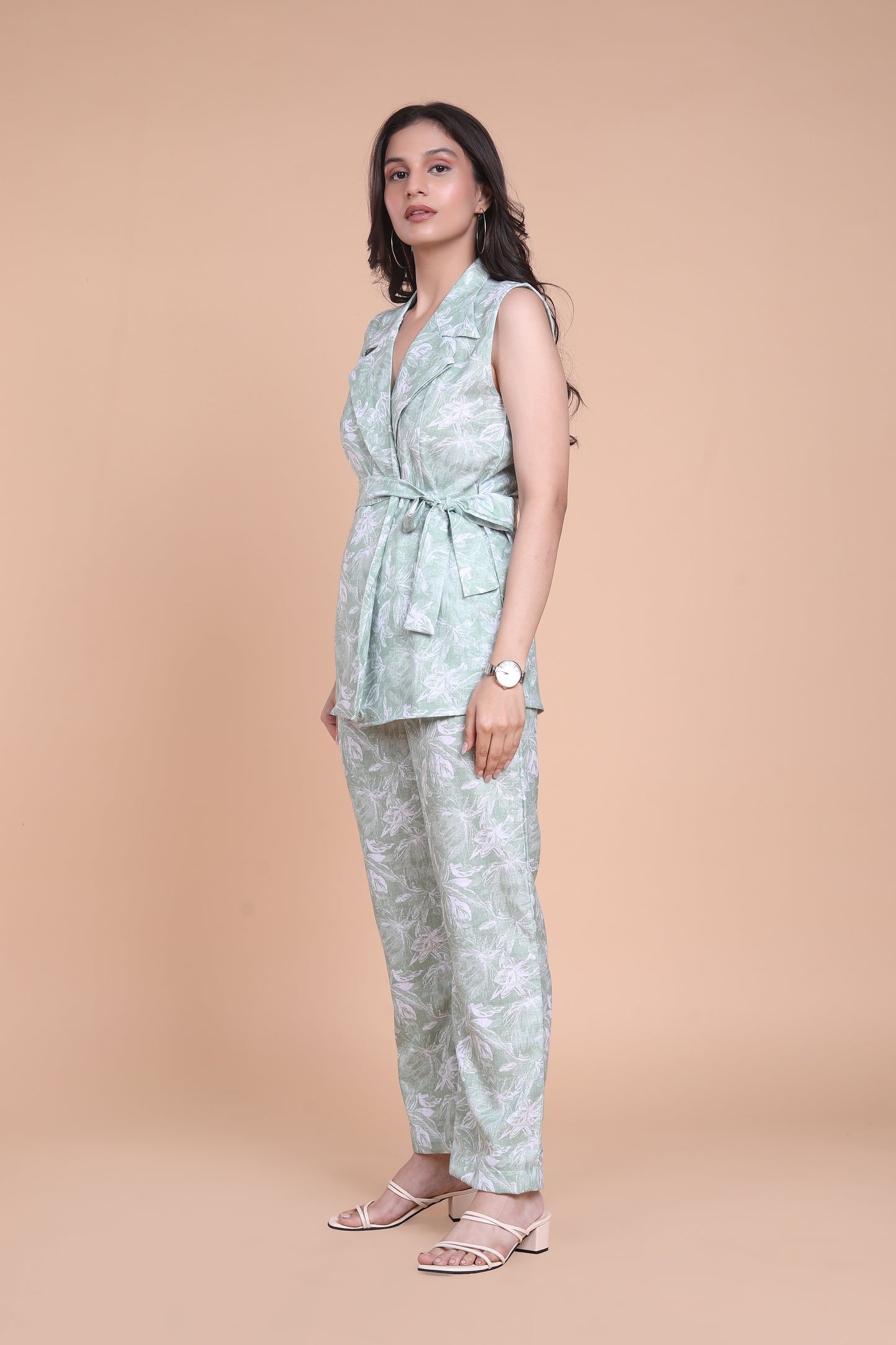 Linen Green Floral Blazer Set