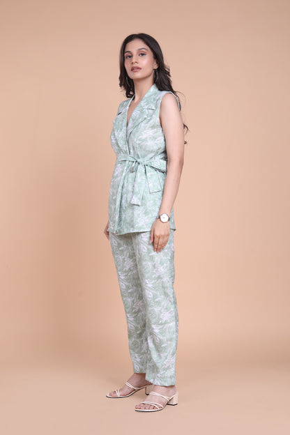 Linen Green Floral Blazer Set