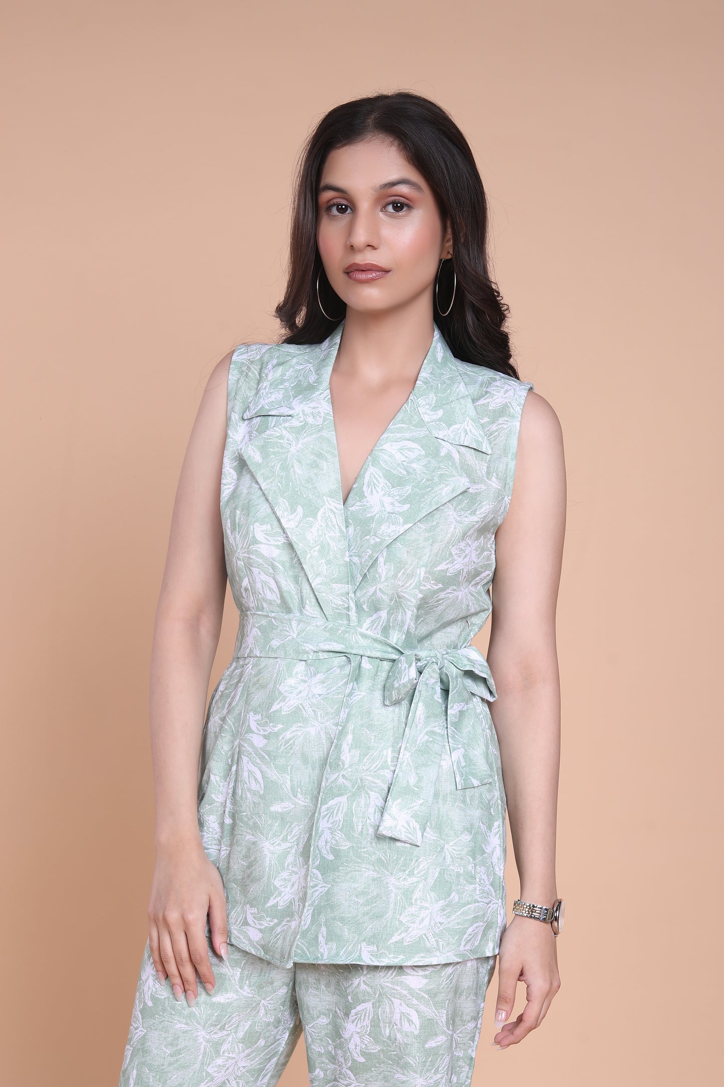 Linen Green Floral Blazer Set