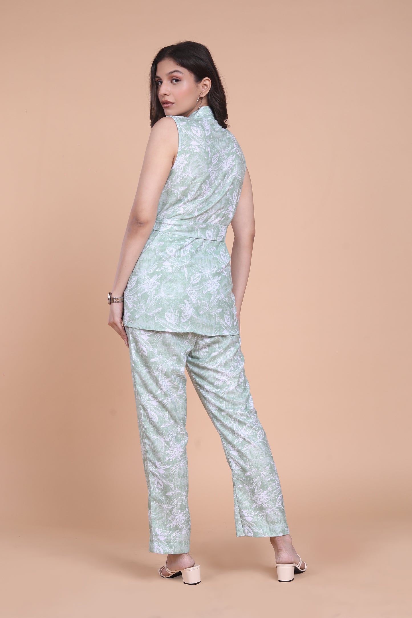 Linen Green Floral Blazer Set
