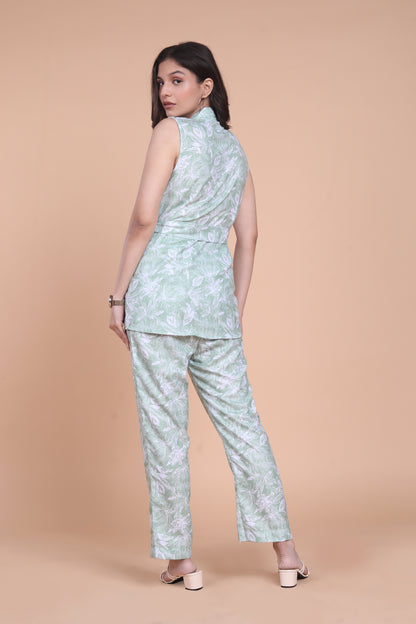 Linen Green Floral Blazer Set