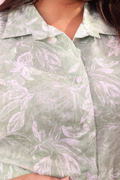 Linen Green Floral Midi Dress