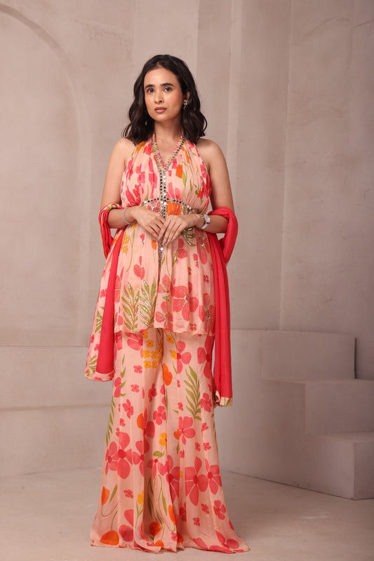 Pink Floral Print Hand Embroidered Sharara Set