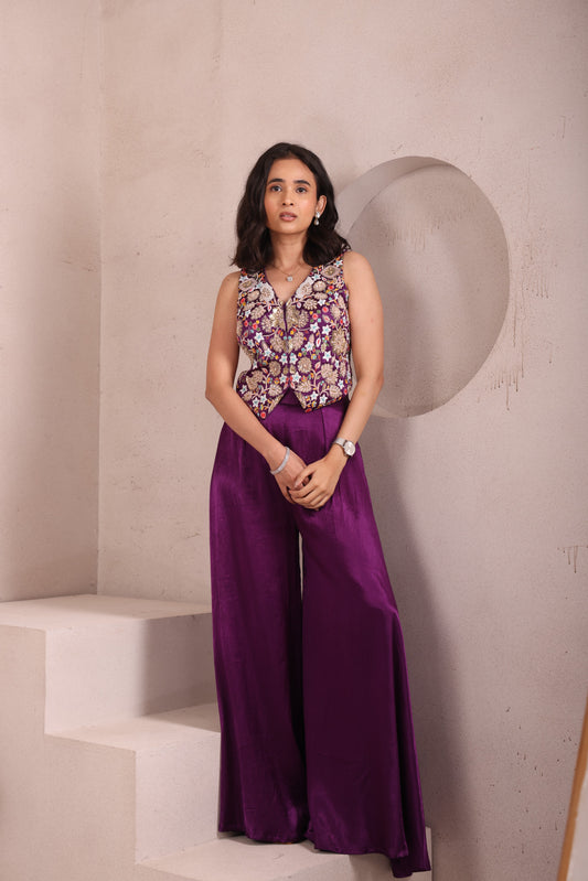 Purple Hand Embroidered Waistcoat Set