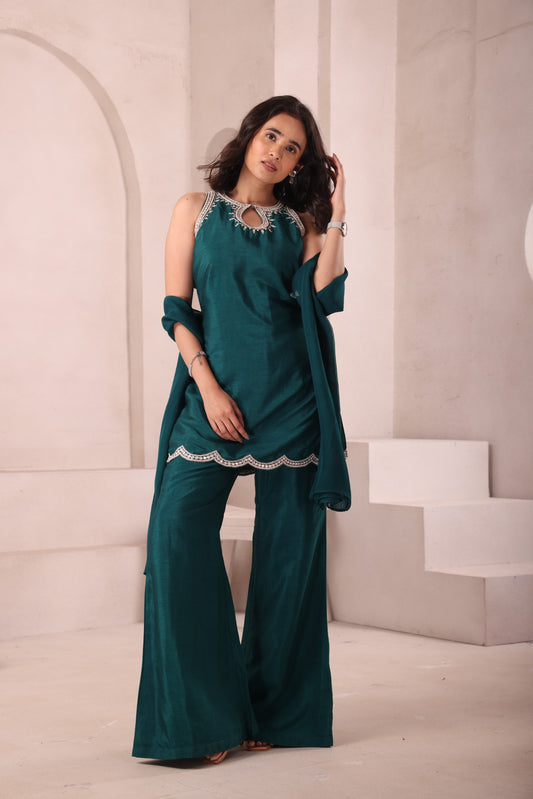 Emerald Green Hand Embroidered Halter Neck Set
