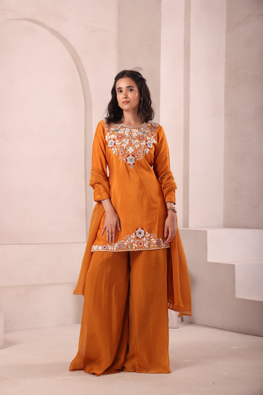 Rust Hand Embroidered Sharara Set