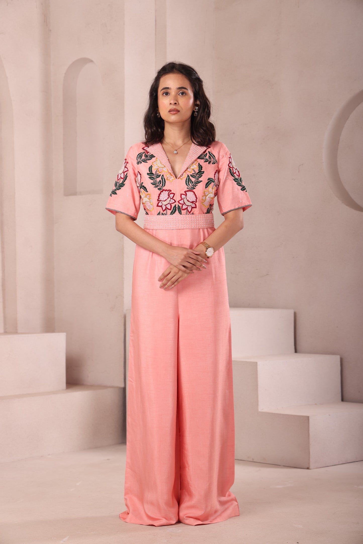 Peach Embroidered Collared Jumpsuit
