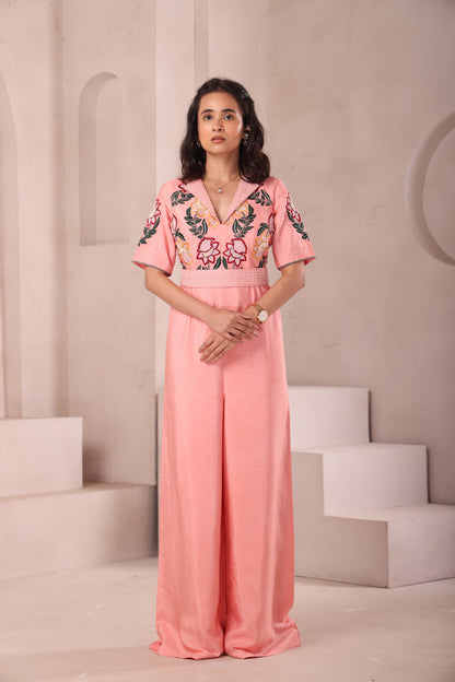 Peach Embroidered Collared Jumpsuit